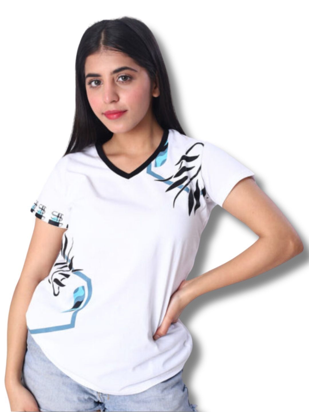 

SEREIN Women Floral Printed V-Neck Cotton T-shirt, White