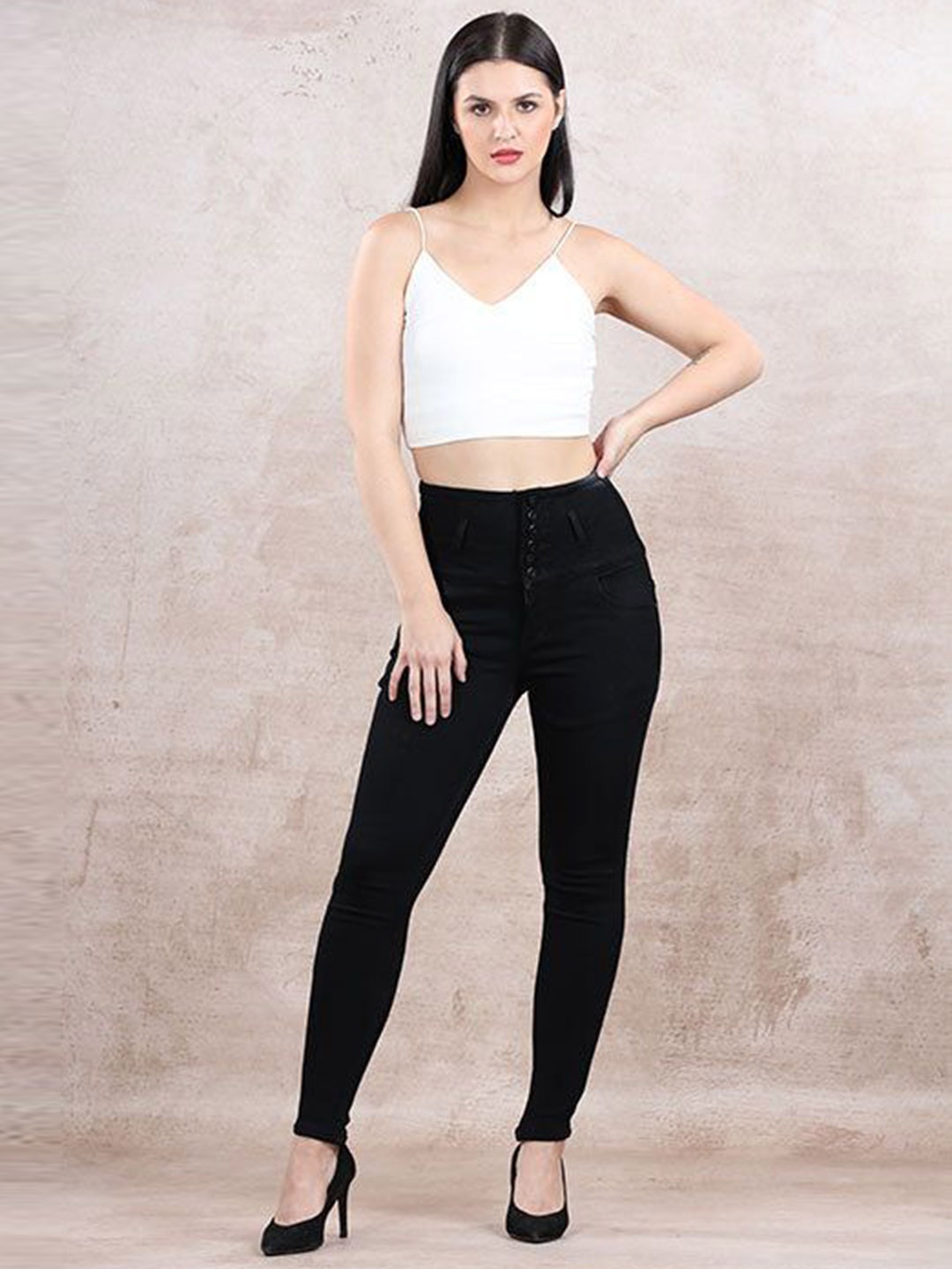 

FREYAA Women Skinny Fit Slash Knee Jeans, Black