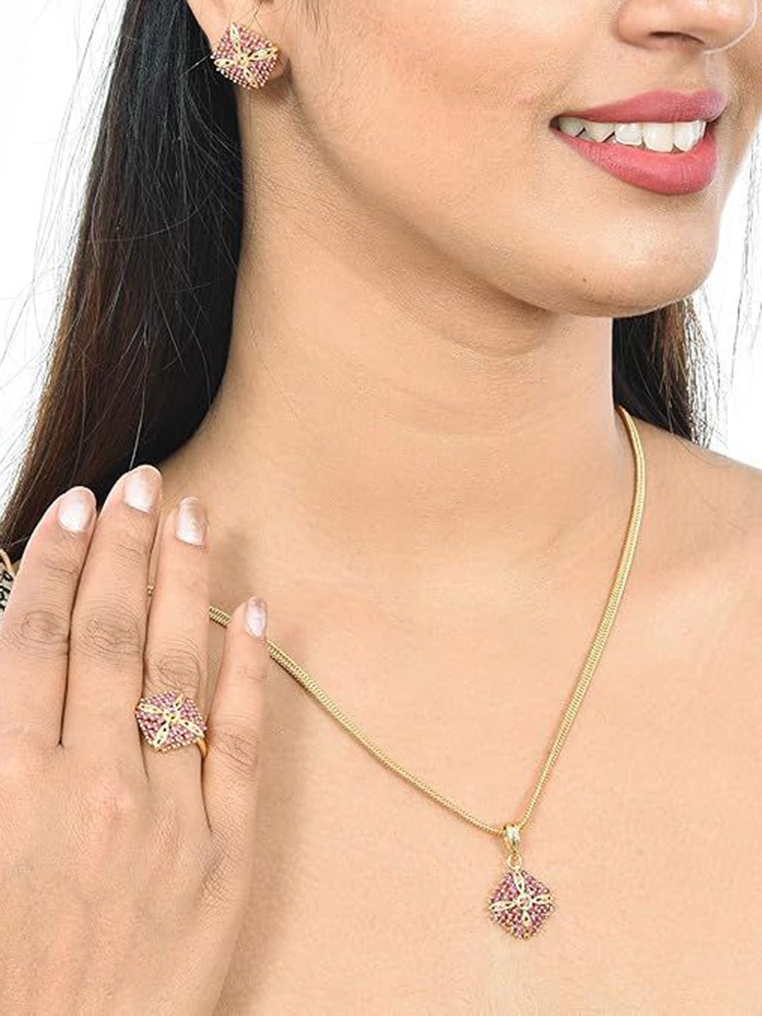 

Kezlin Gold-Plated American Diamond-Studded Pendant & Earrings With Finger Ring