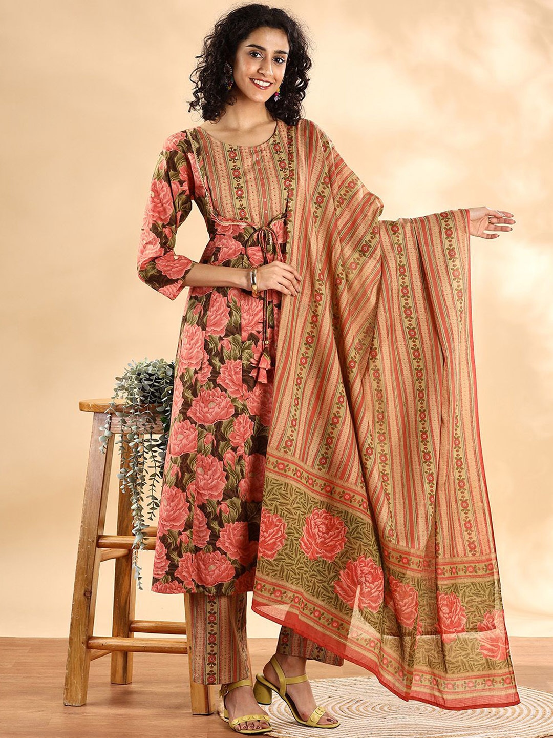 

Yufta Floral Printed Pure Cotton A-Line Kurta With Trousers And Dupatta, Peach