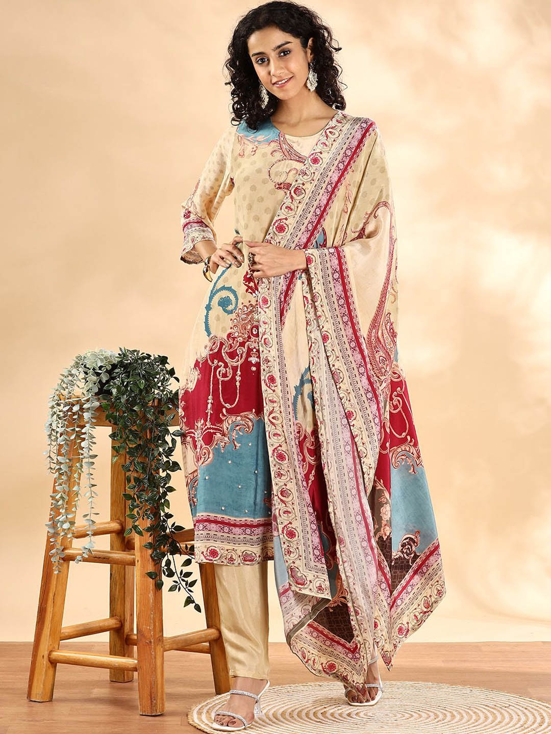 

Yufta Ethnic Motifs Printed Silk Crepe Straight Kurta With Trousers And Dupatta, Beige