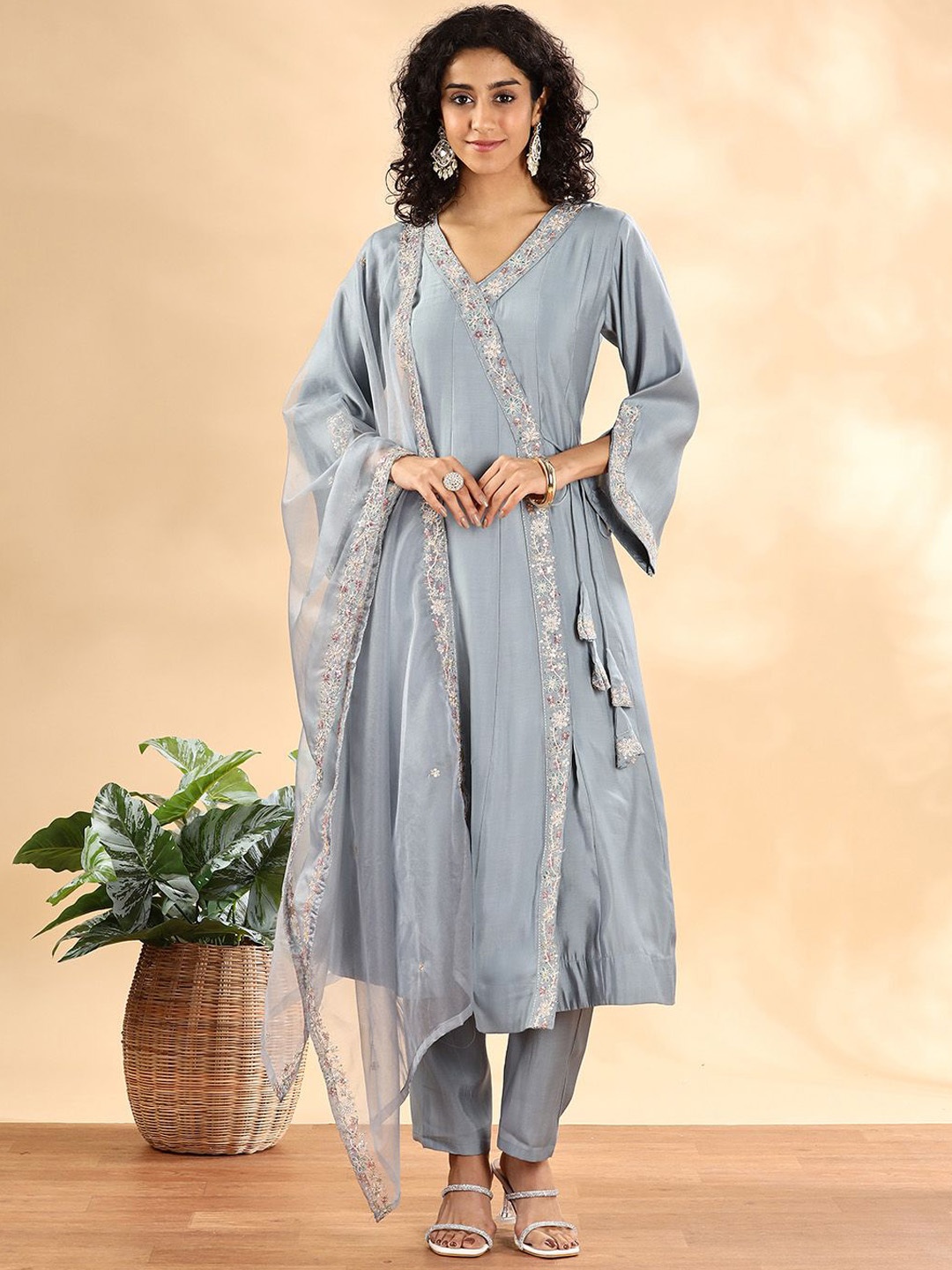 

Yufta Floral Embroidered Silk Blend V-Neck Angrakha A-Line Kurta With Trousers And Dupatta, Blue