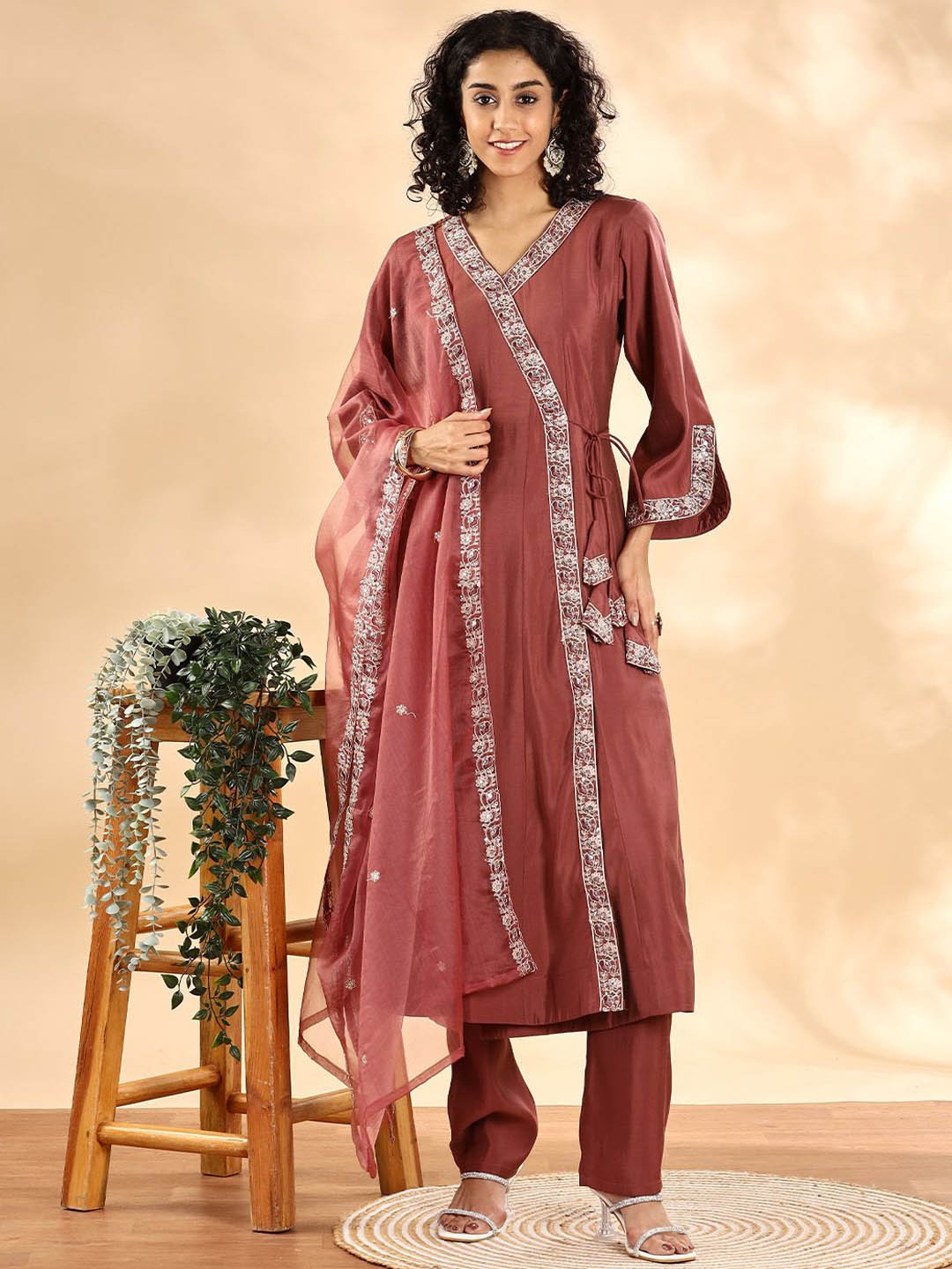 

Yufta Floral Embroidered Silk Blend V-Neck Angrakha A-Line Kurta With Trousers And Dupatta, Mauve