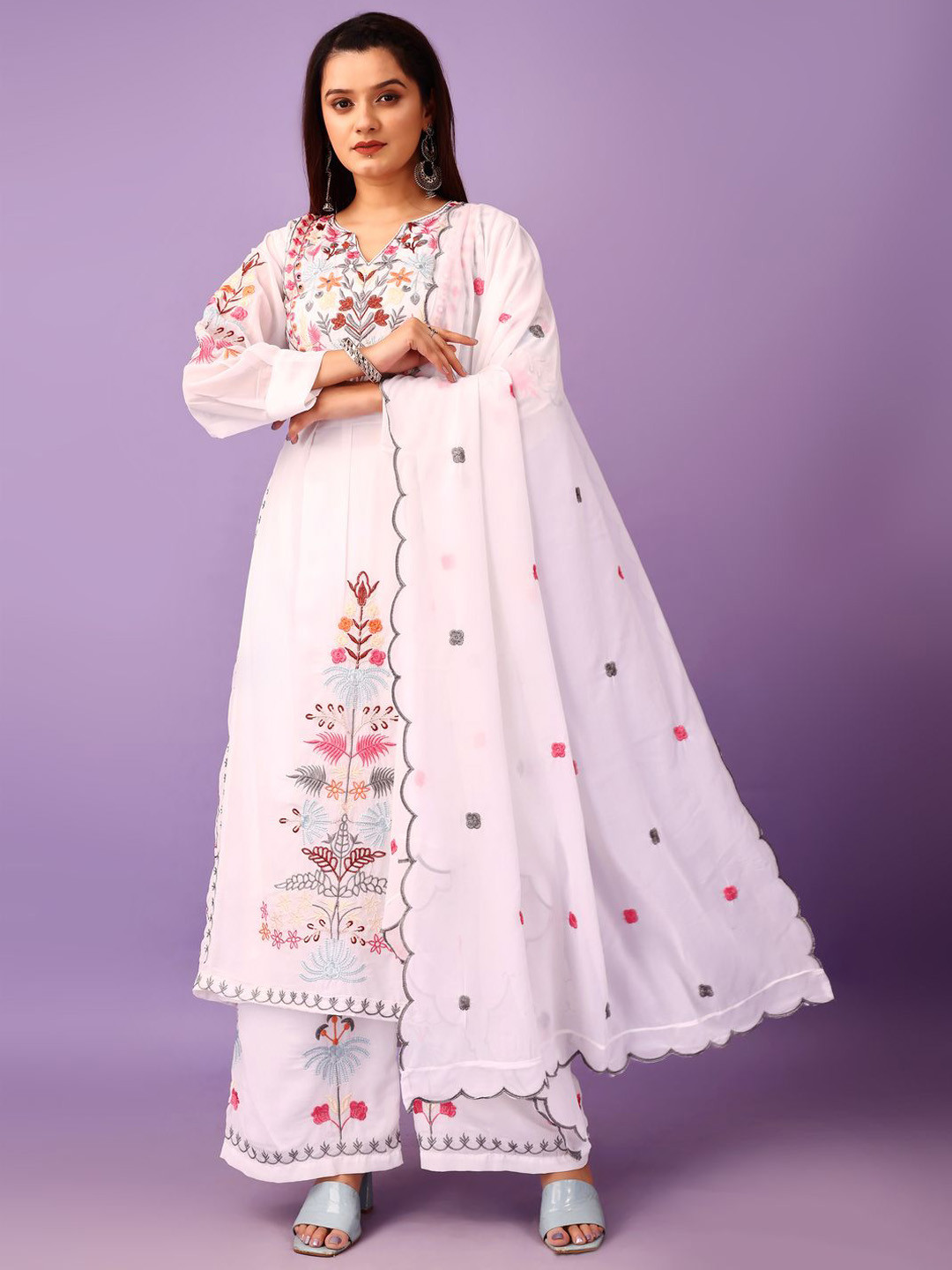 

Anara Embroidered Notch Neck Mirror Work Georgette A-Line Kurta With Palazzos & Dupatta, White