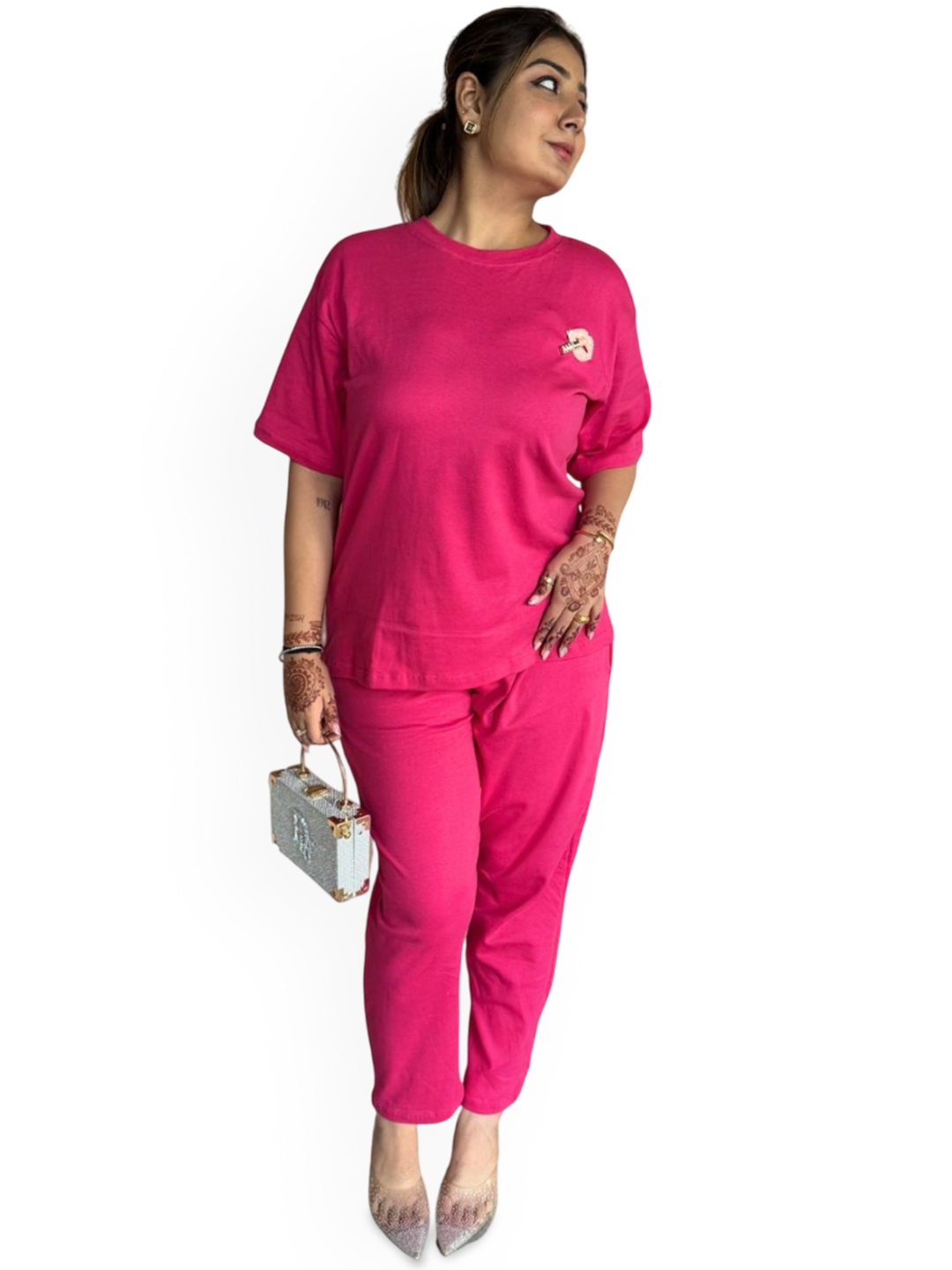 

JAC INDIAN Round Neck Pure Cotton T-Shirt With Trouser, Pink