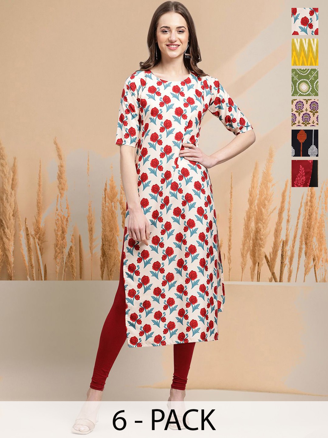 

7Threads Selection Of 6 Floral Printed Round Neck Kurta, White