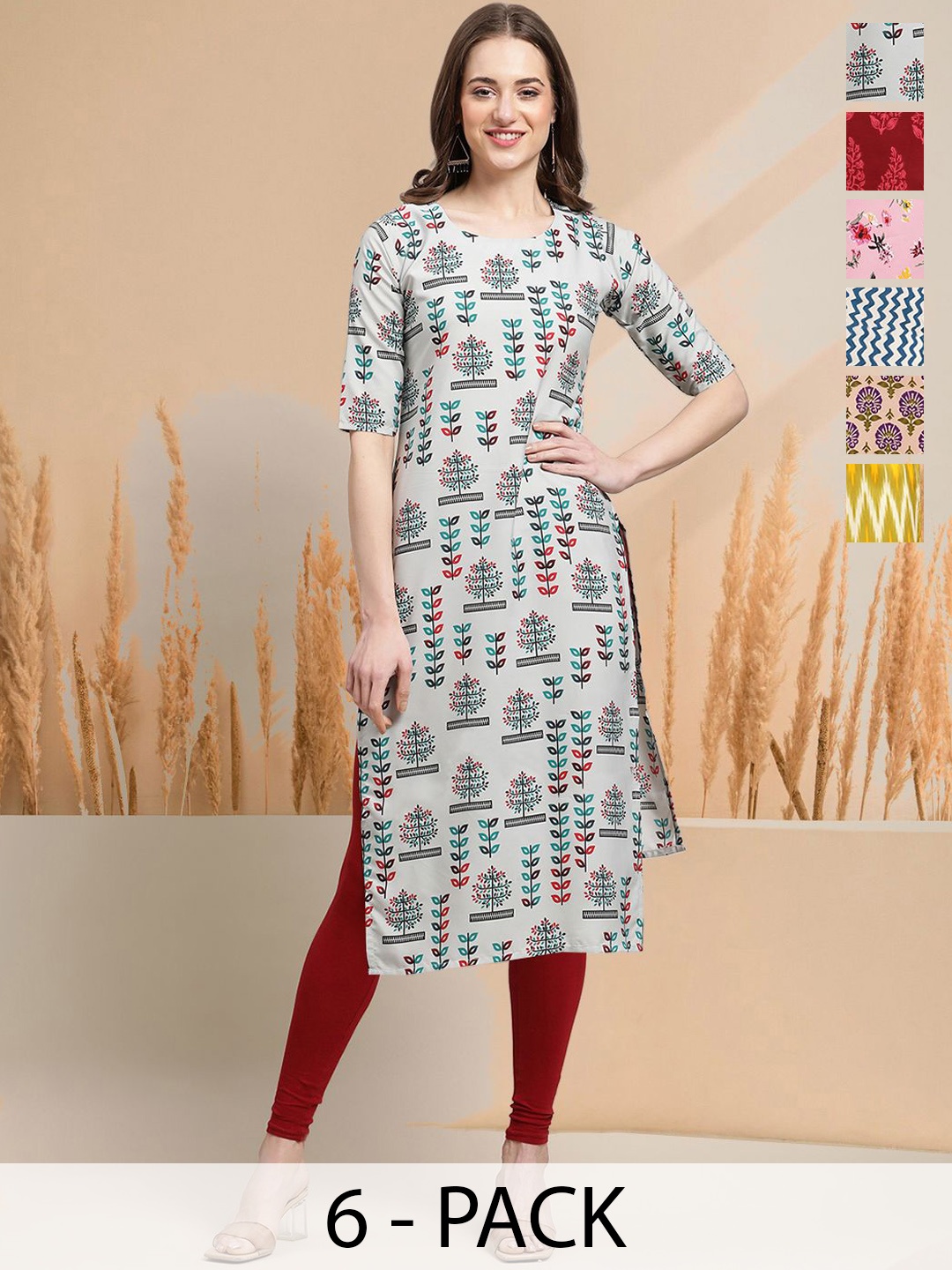 

7Threads Selection Of 6 Floral Printed Round Neck Straight Kurtas, Black