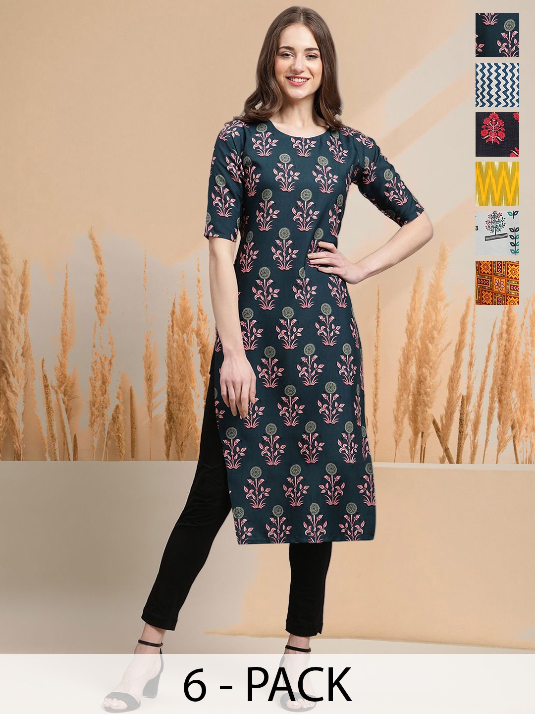 7Threads Selection of 6 Floral Printed Round Neck Straight Kurtas, Blue