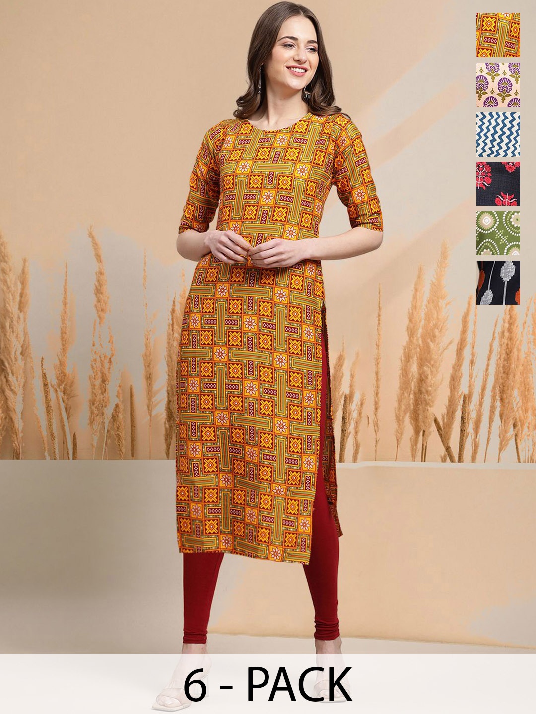 

7Threads Selection Of 6 Ethnic Motifs Printed Round Neck Straight Kurtas, Yellow