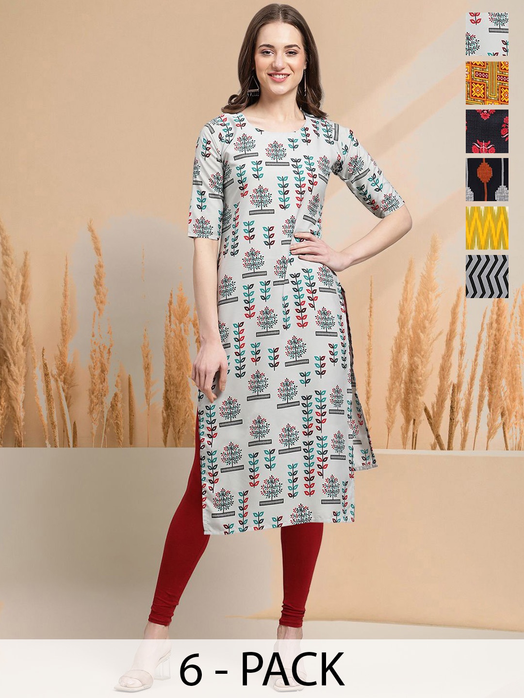 

7Threads Selection Of 6 Ethnic Motifs Printed Round Neck Straight Kurtas, Grey