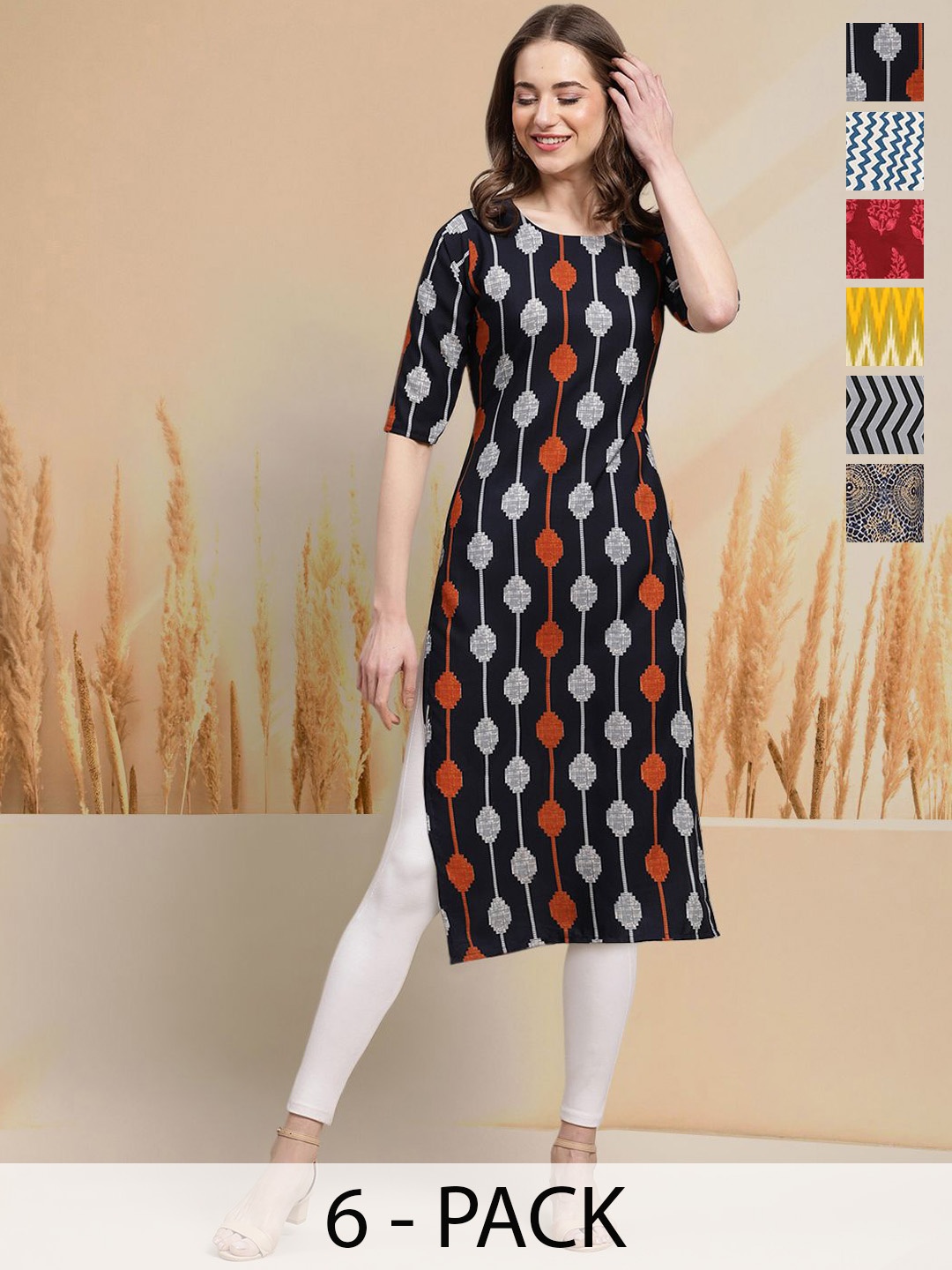 7Threads Selection Of 6 Geometric Printed Round Neck Straight Kurtas, Black