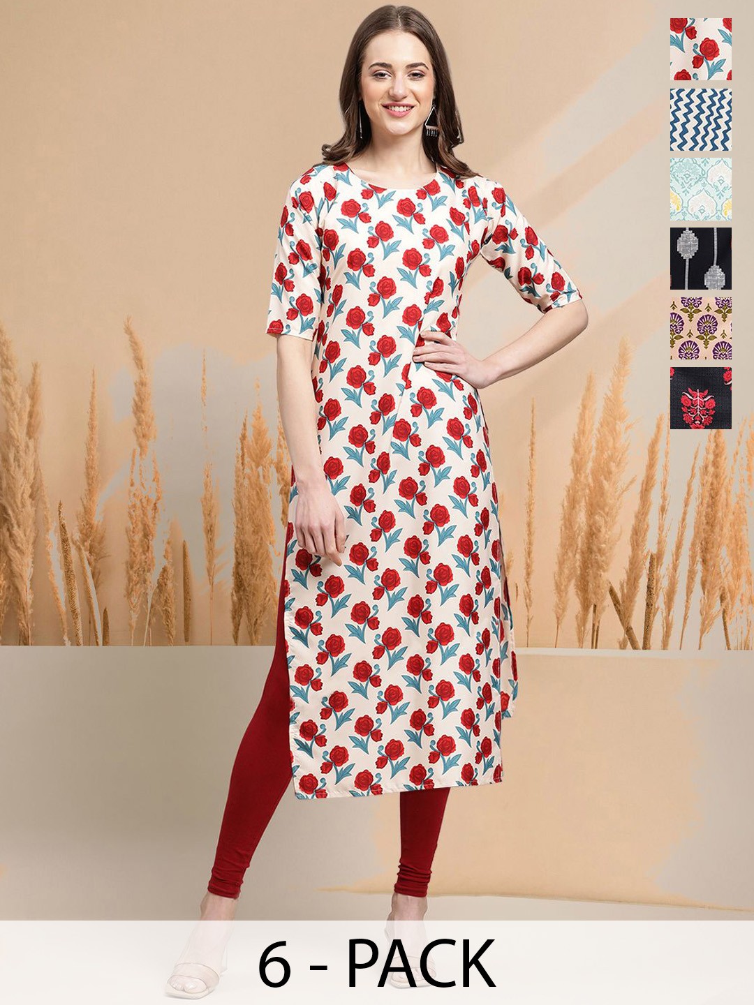 

7Threads Selection Of 6 Floral Printed Round Neck Straight Kurtas, Red