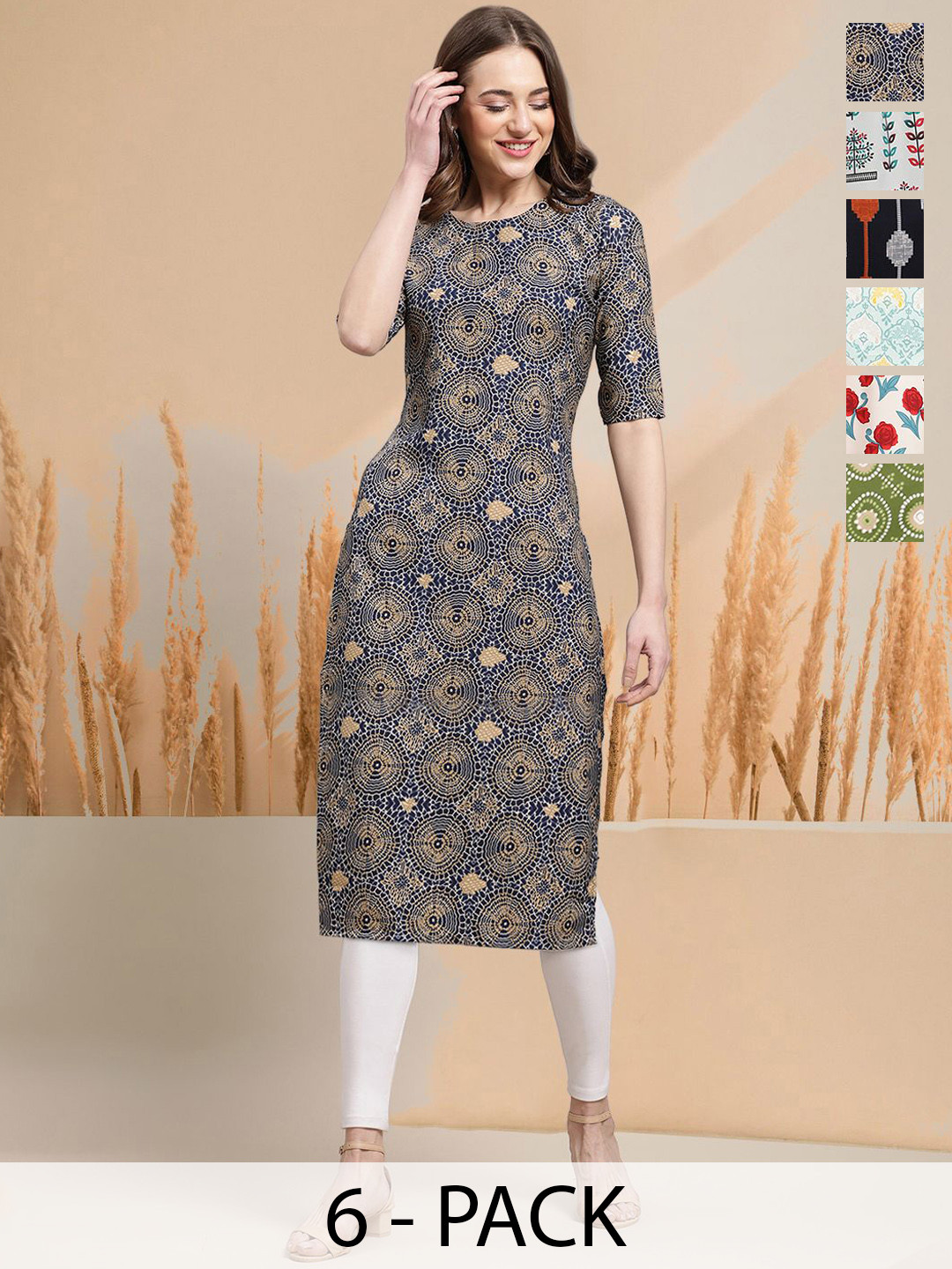 

7Threads Selection Of 6 Geometric Printed Round Neck Straight Kurtas, Navy blue