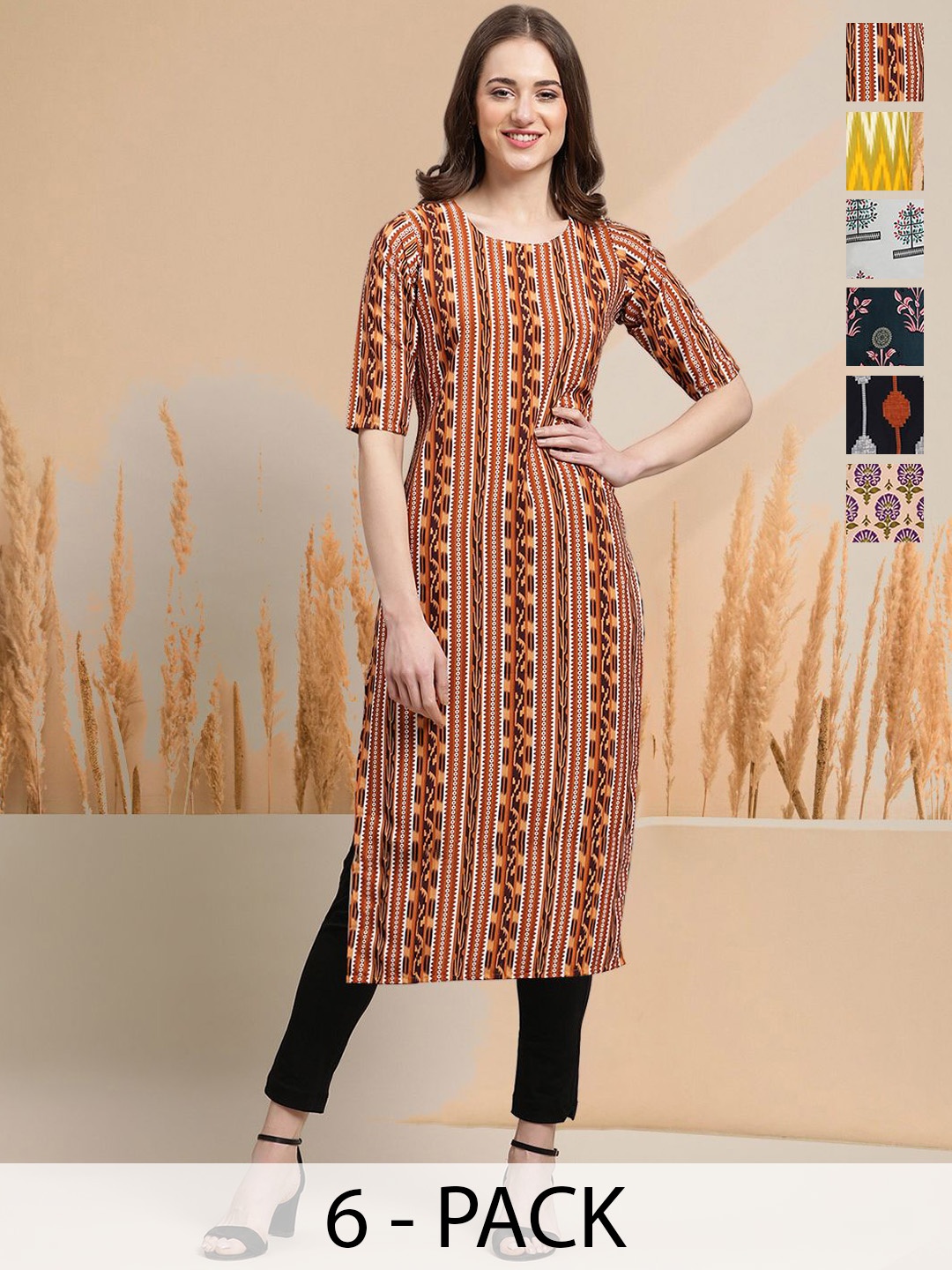 

7Threads Selection Of 6 Ethnic Motifs Printed Round Neck Straight Kurtas, Brown