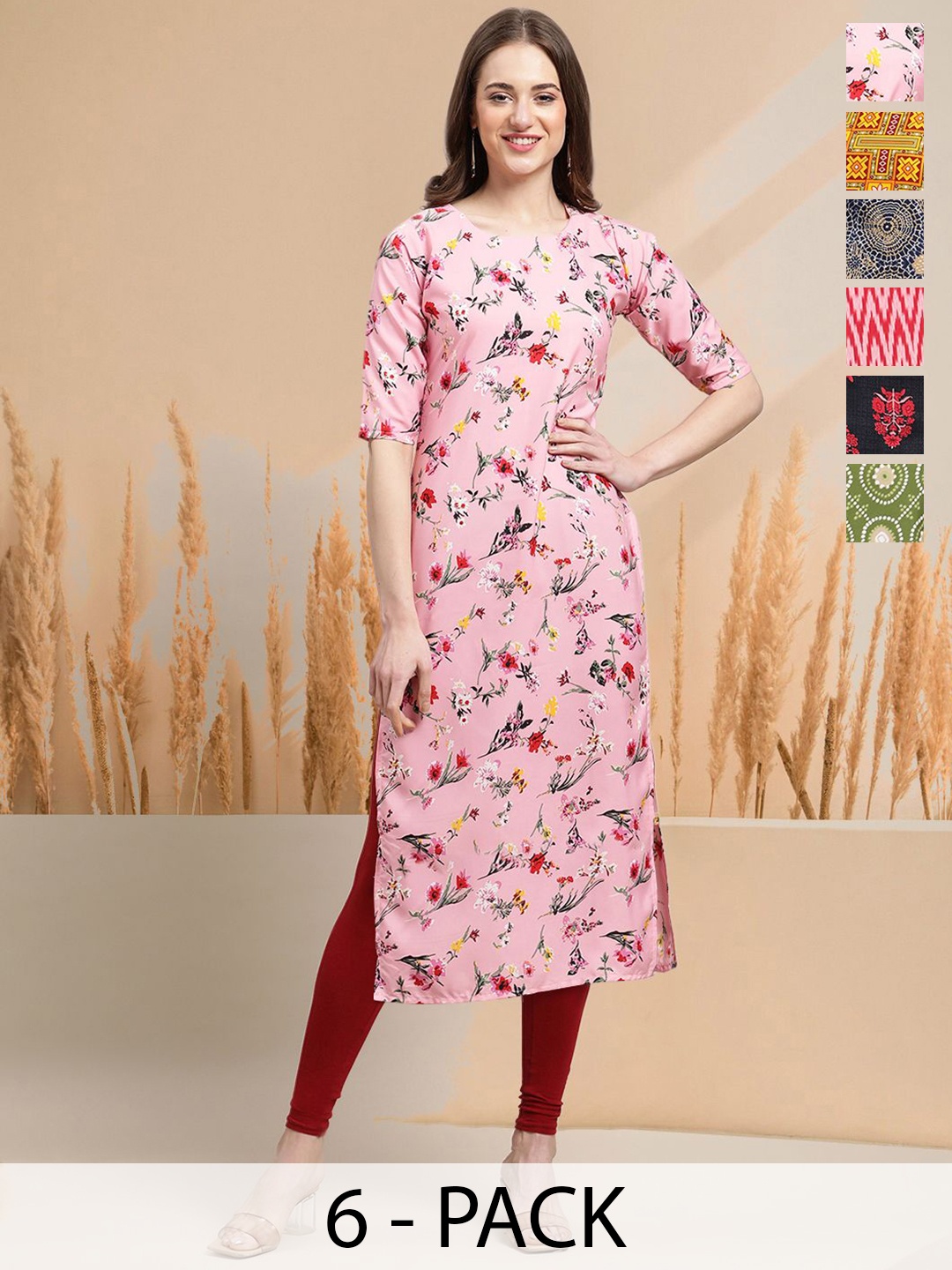 

7Threads Selection Of 6 Ethnic Motifs Printed Round Neck Straight Kurtas, Pink