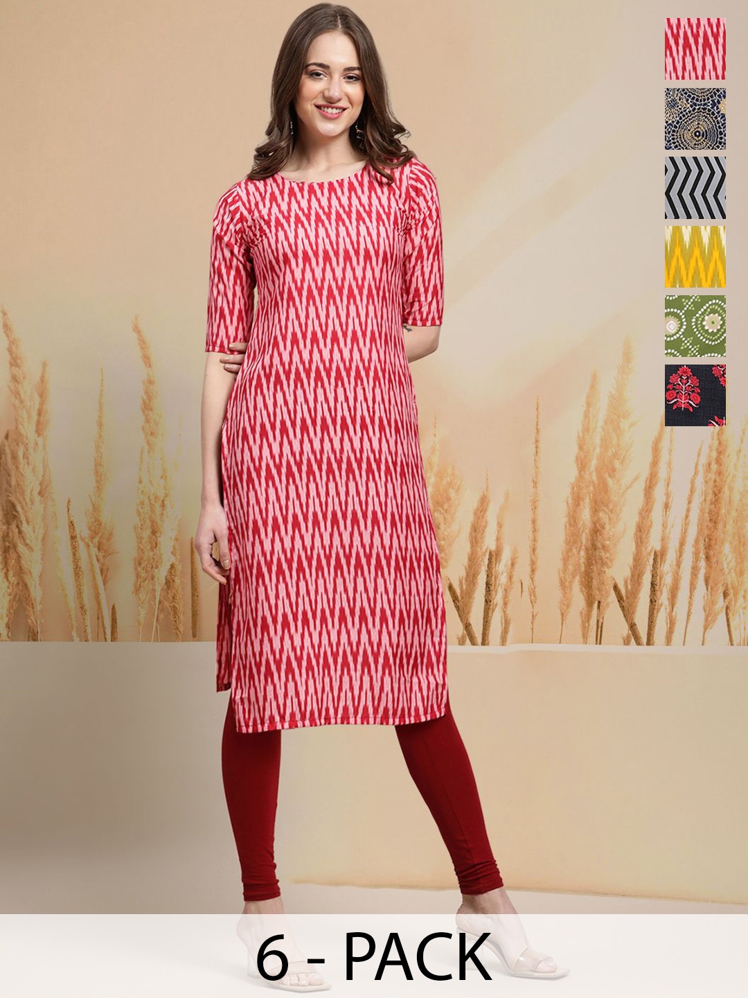 

7Threads Selection of 6 Chevron Printed Round Neck Straight Kurtas, Pink