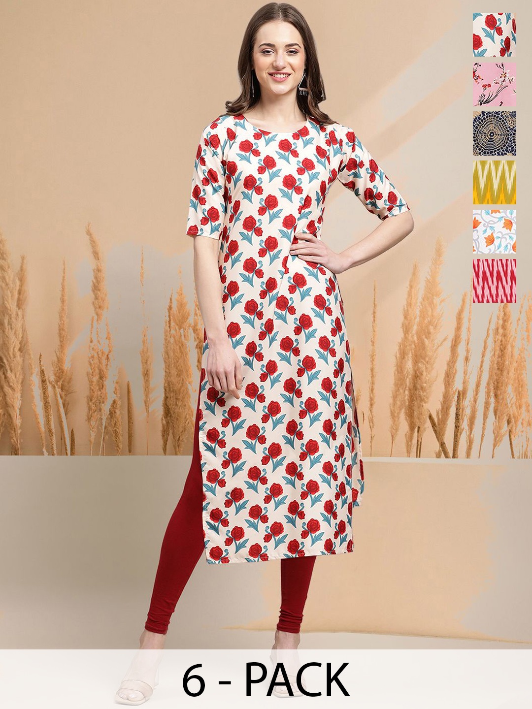 

7Threads Selection Of 6 Floral Printed Round Neck Straight Kurtas, Off white