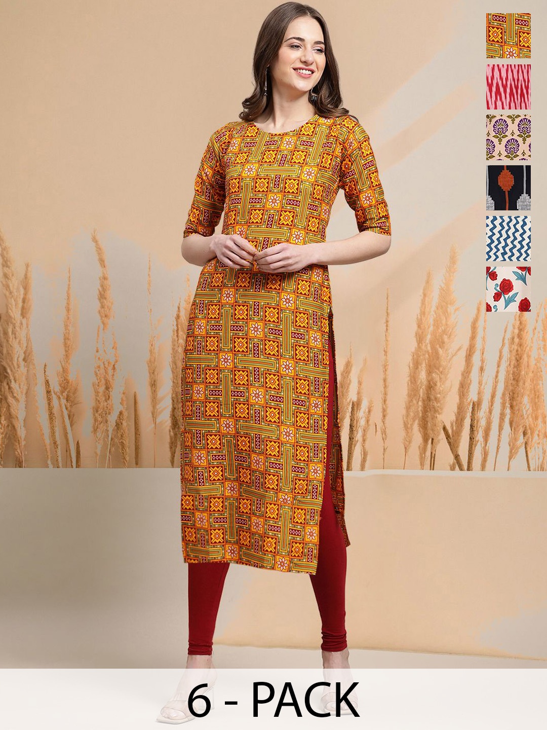 

7Threads Selection Of 6 Geometric Printed Round Neck Kurtas, Yellow