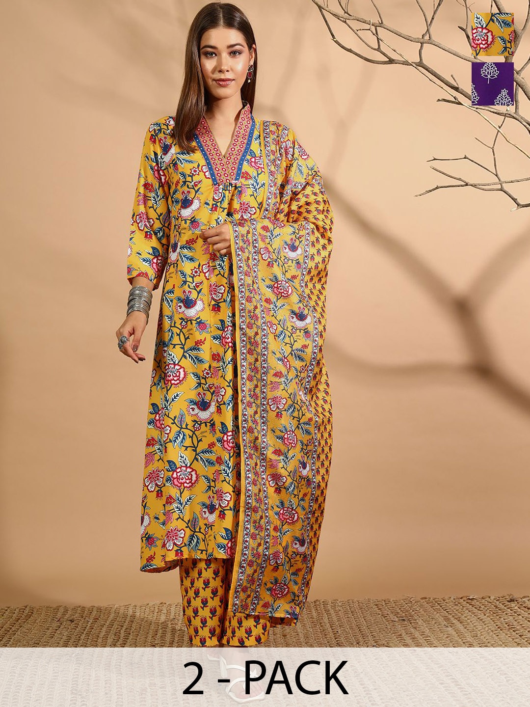 

Anouk Rustic Selection Of 2 Floral Printed Pleated V-Neck Kurta With Trousers And Dupatta, Yellow