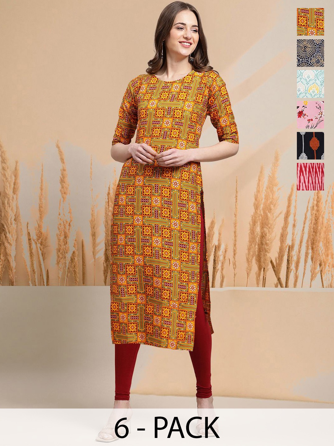 

7Threads Selection Of 6 Geometric Printed Round Neck Straight Kurtas, Yellow