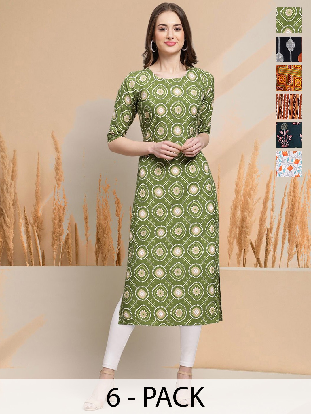 

7Threads Selection Of 6 Ethnic Motifs Printed Round Neck Straight Kurtas, Green