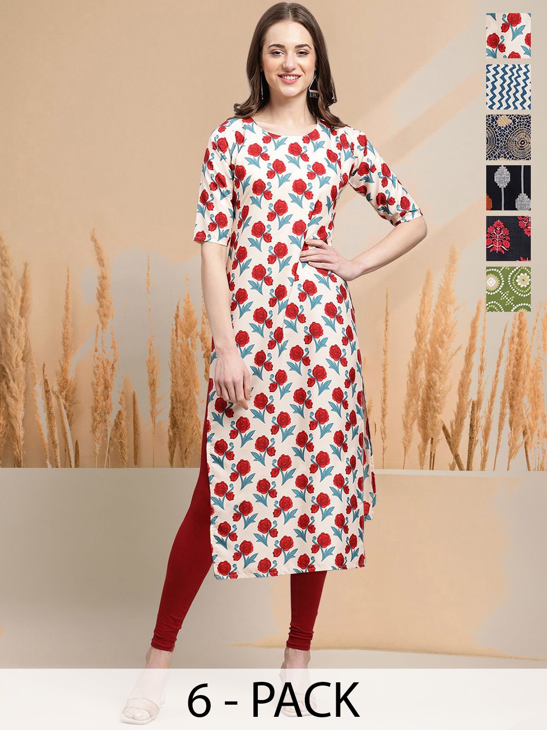 

7Threads Selection Of 6 Floral Printed Round Neck Straight Kurtas, Cream