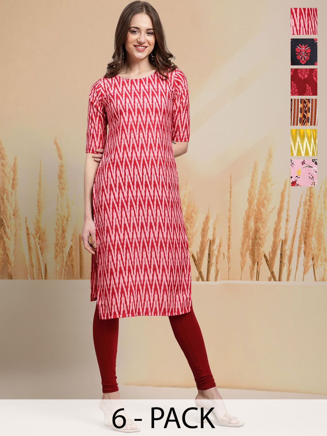 

7Threads Selection Of 6 Chevron Printed Round Neck Straight Kurtas, Pink