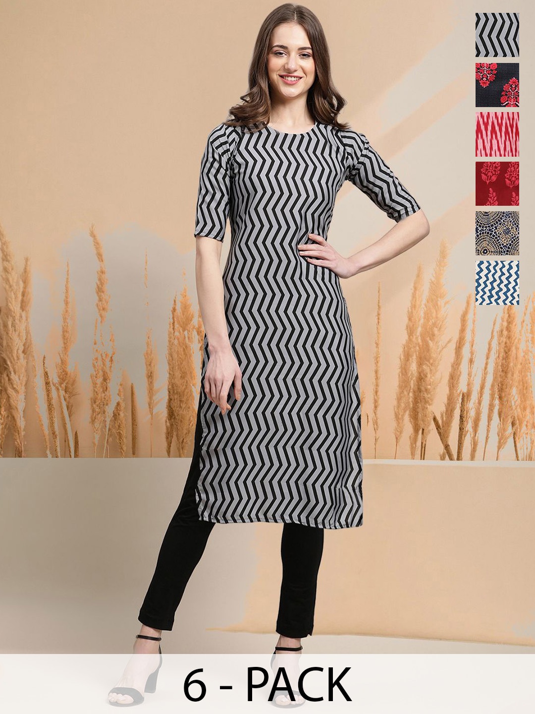 

7Threads Selection Of 6 Chevron Printed Round Neck Straight Kurtas, Grey