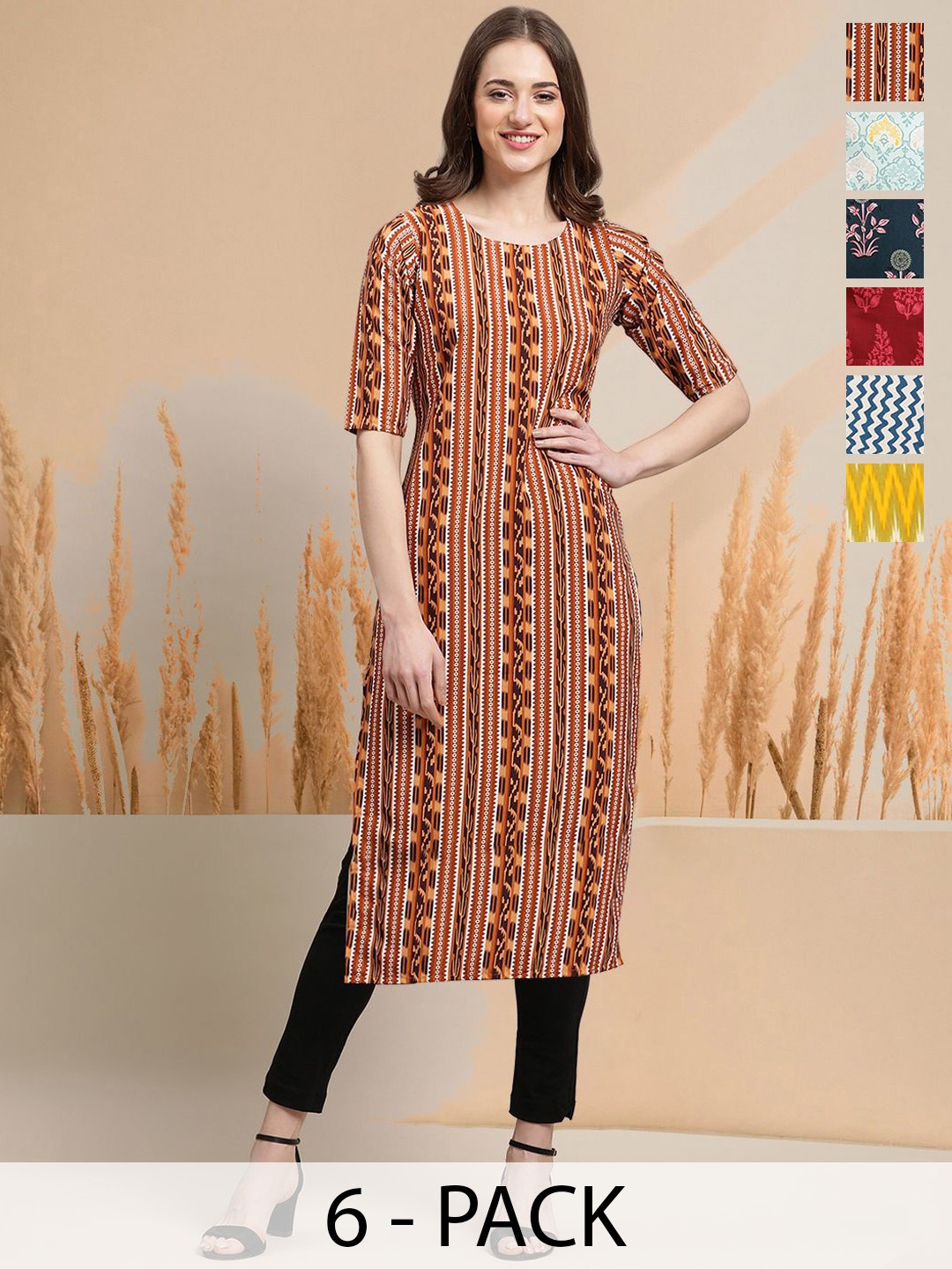 

7Threads Selection of 6 Abstract Printed Round Neck Straight Kurtas, Orange
