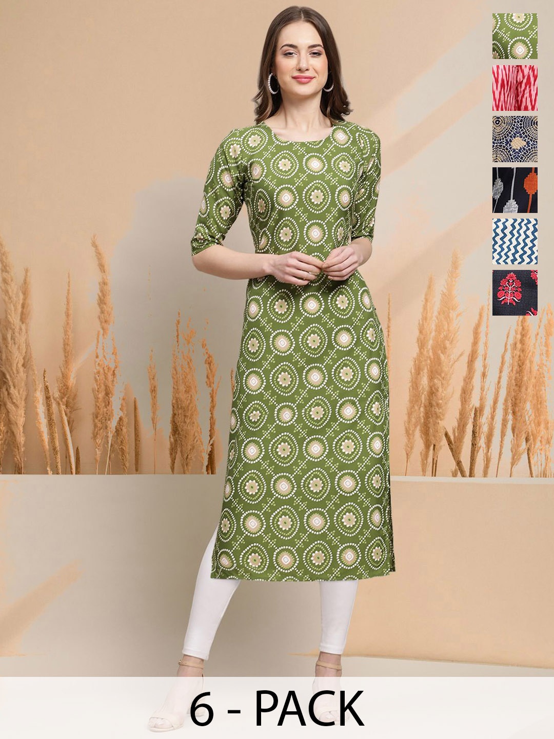 

7Threads Selection Of 6 Floral Printed Round Neck Straight Kurtas, Green
