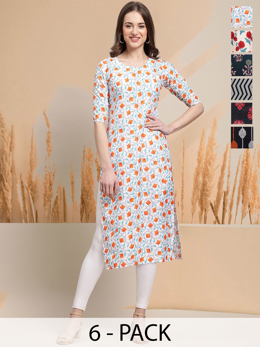 

7Threads Selection of 6 Floral Printed Round Neck Straight Kurtas, White