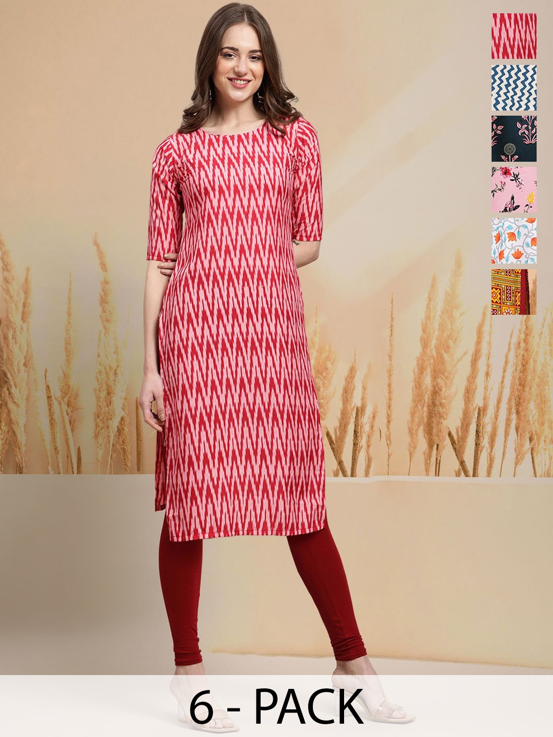 

7Threads Selection Of 6 Chevron Printed Round Neck Straight Kurtas, Red