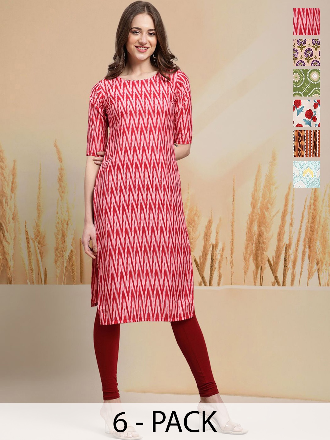 

7Threads Selection Of 6 Chevron Printed Straight Kurtas, Red
