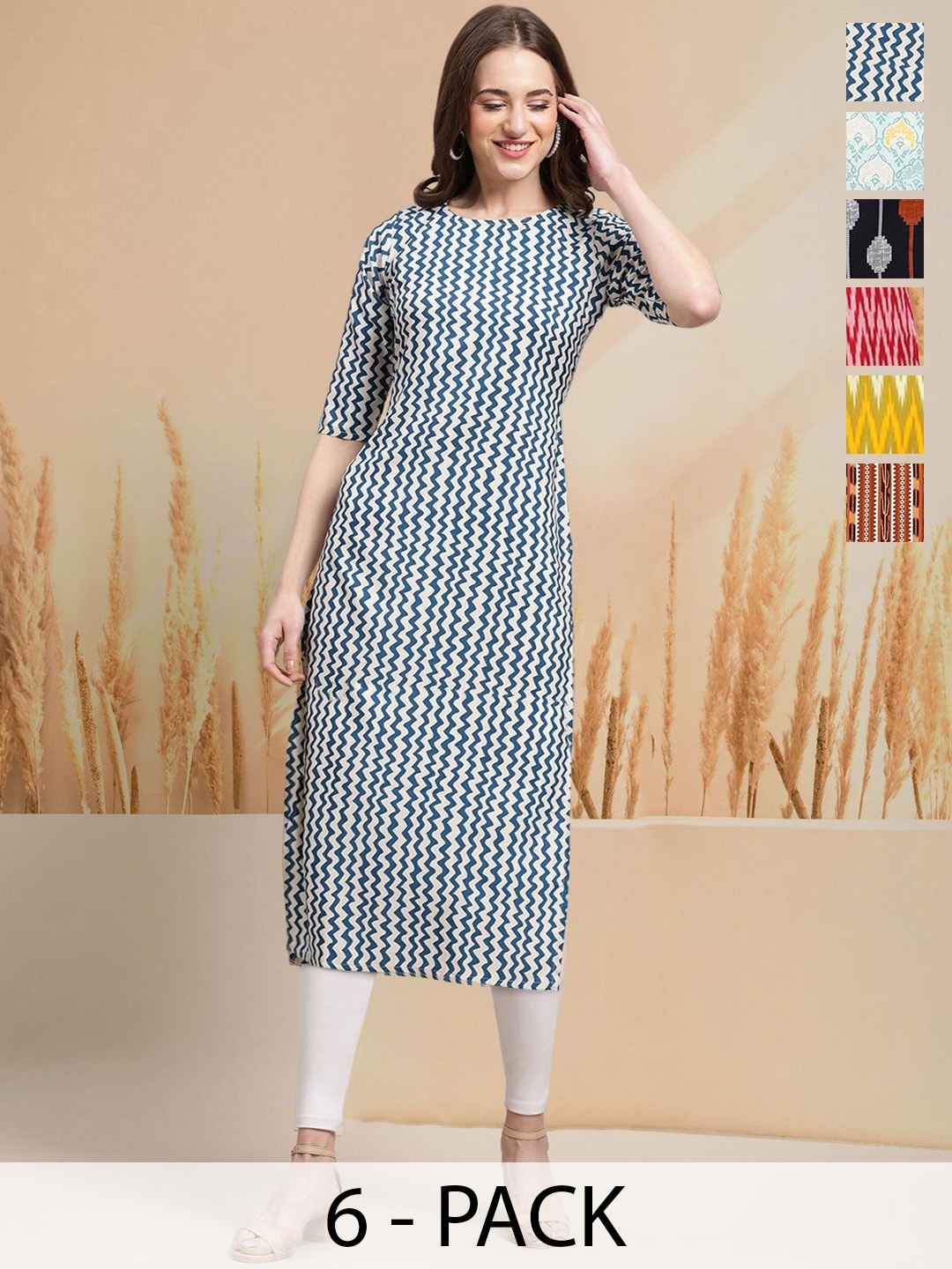 

7Threads Selection of 6 Striped Round Neck Straight Kurtas, Black