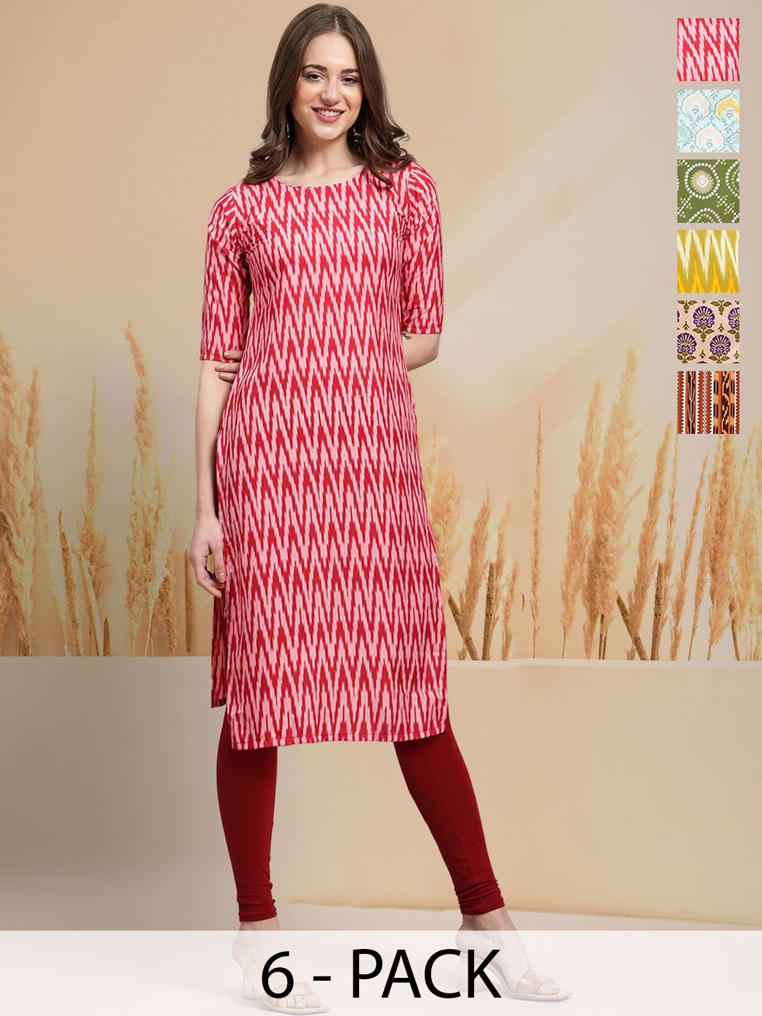 

7Threads Selection of 6 Ethnic Motifs Printed Round Neck Straight Kurtas, Red