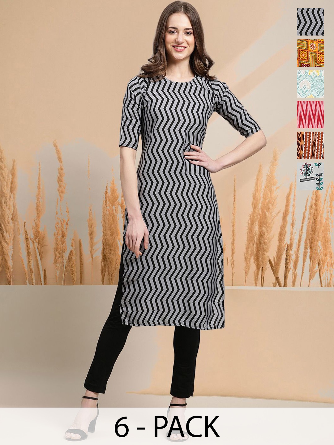 

7Threads Selection Of 6 Chevron Printed Round Neck Straight Kurtas, Black