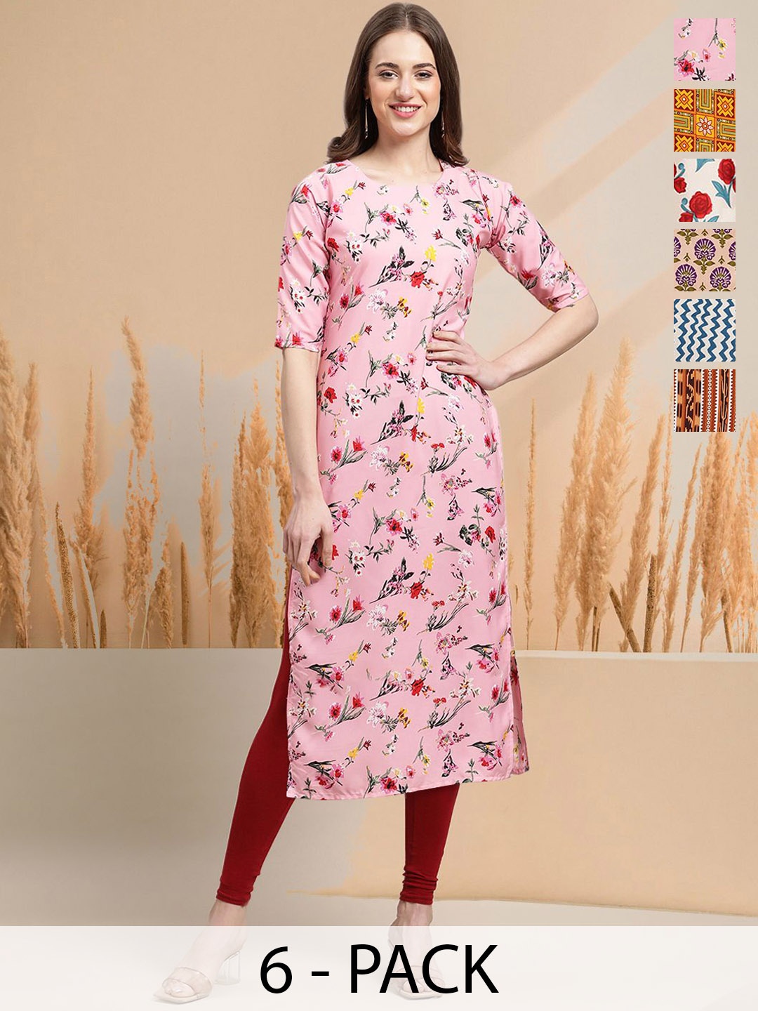 

7Threads Selection Of 6 Floral Printed Round Neck Straight Kurtas, Pink