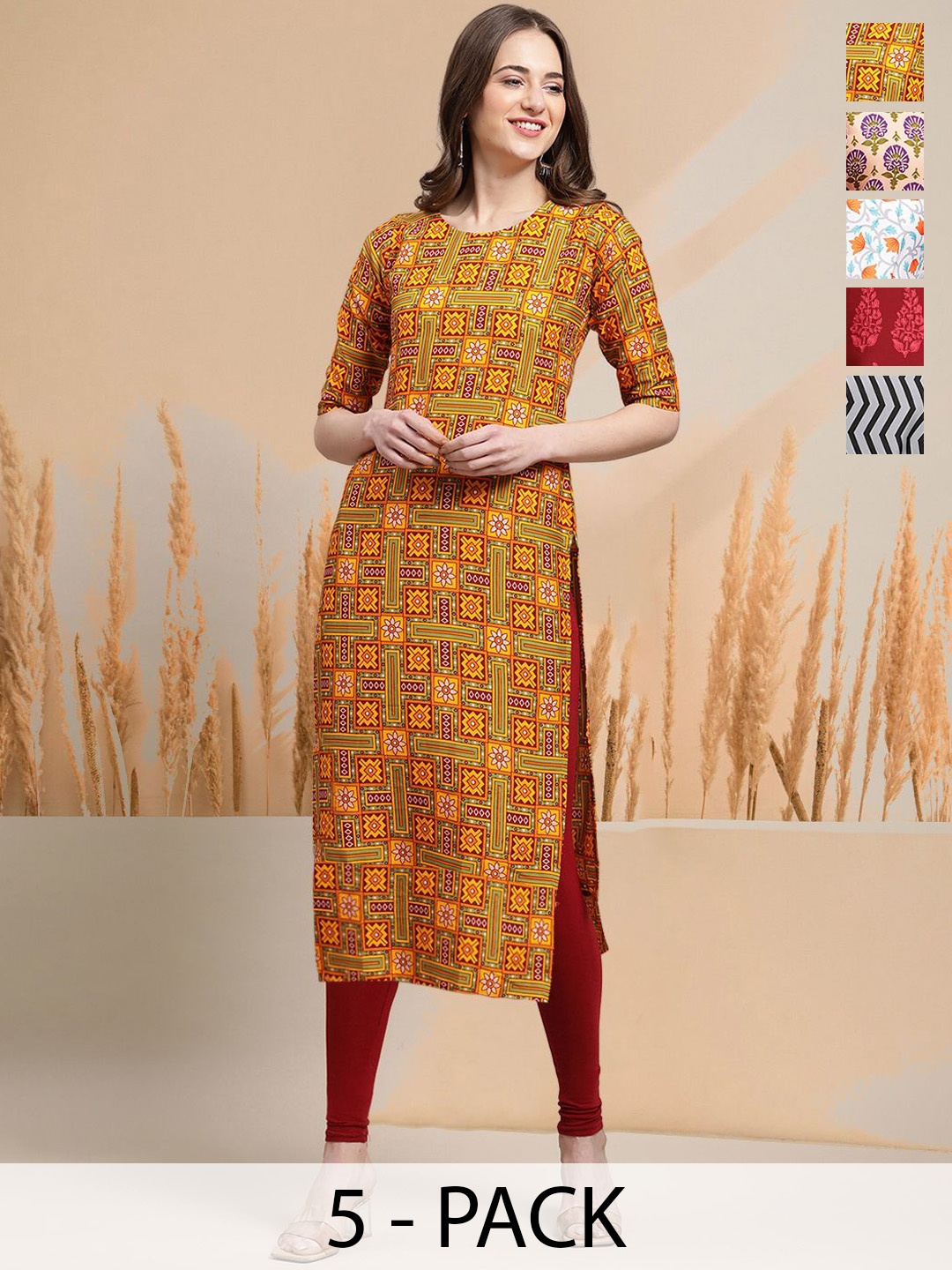 

7Threads Selection Of 6 Ethnic Motifs Printed Round Neck Straight Kurtas, Yellow