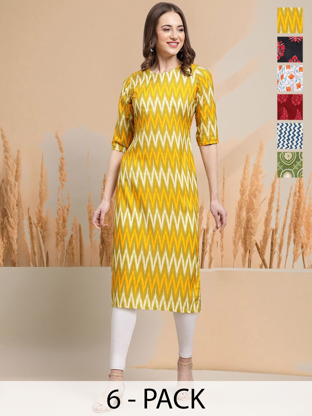 

7Threads Selection Of 6 Chevron Printed Round Neck Straight Kurtas, Yellow