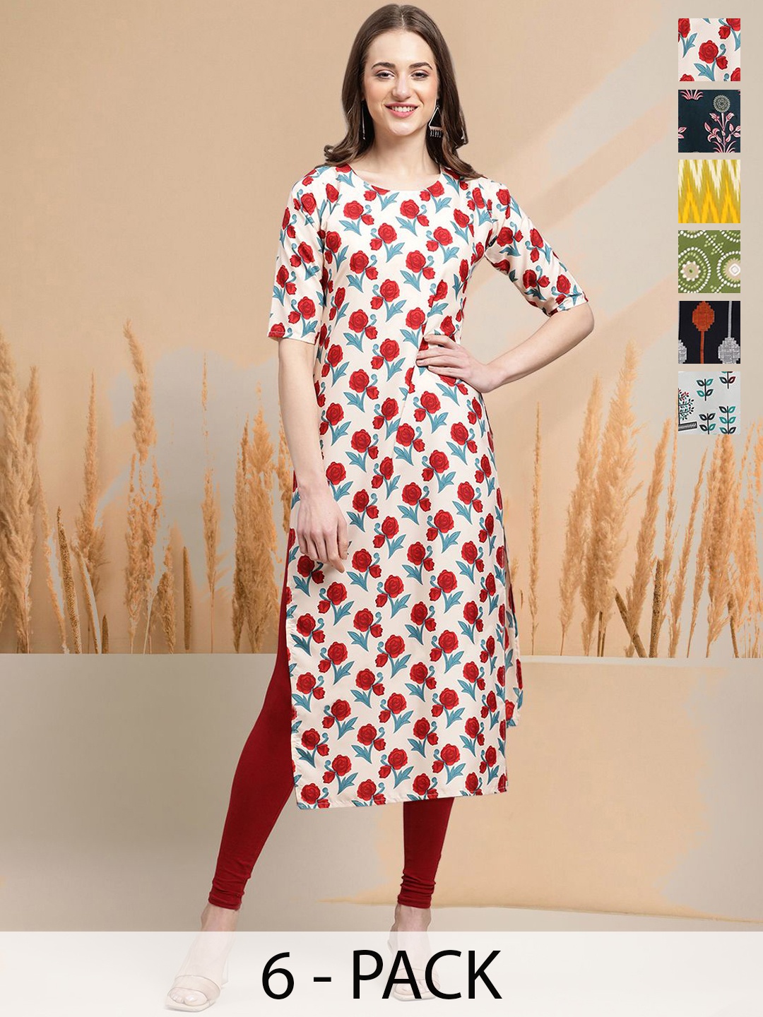 

7Threads Selection Of 6 Floral Printed Round Neck Straight Kurtas, White