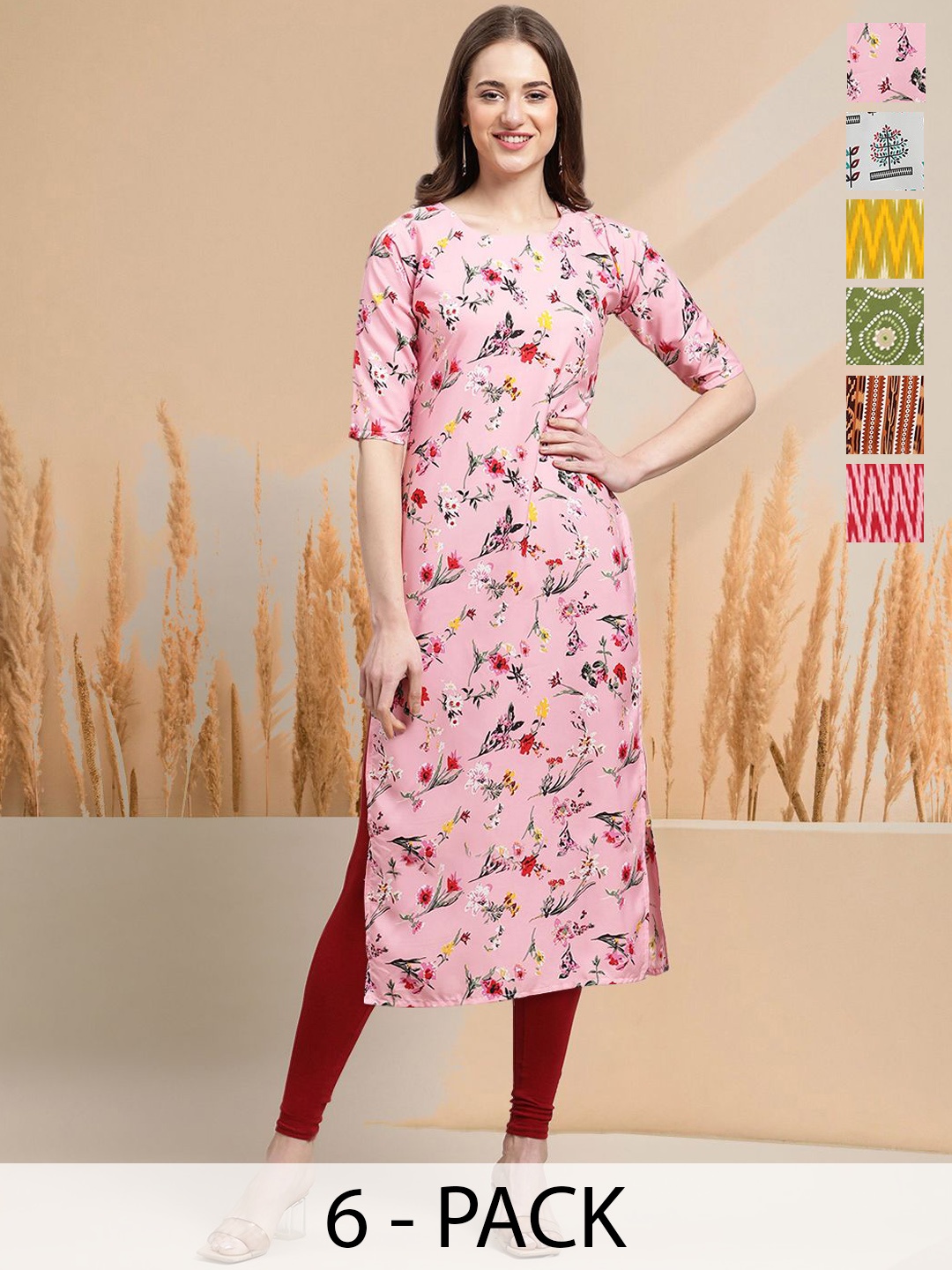 

7Threads Selection of 6 Floral Printed Round Neck Straight Kurtas, Pink
