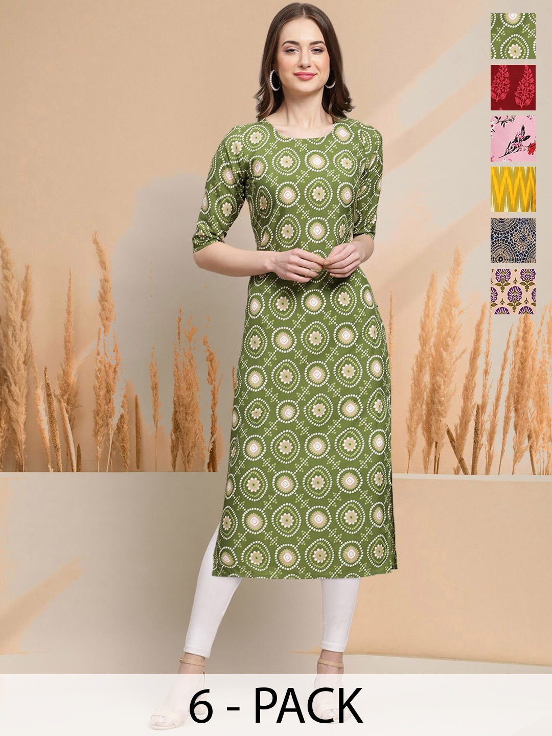

7Threads Selection Of 6 Ethnic Motifs Printed Round Neck Straight Kurtas, Green