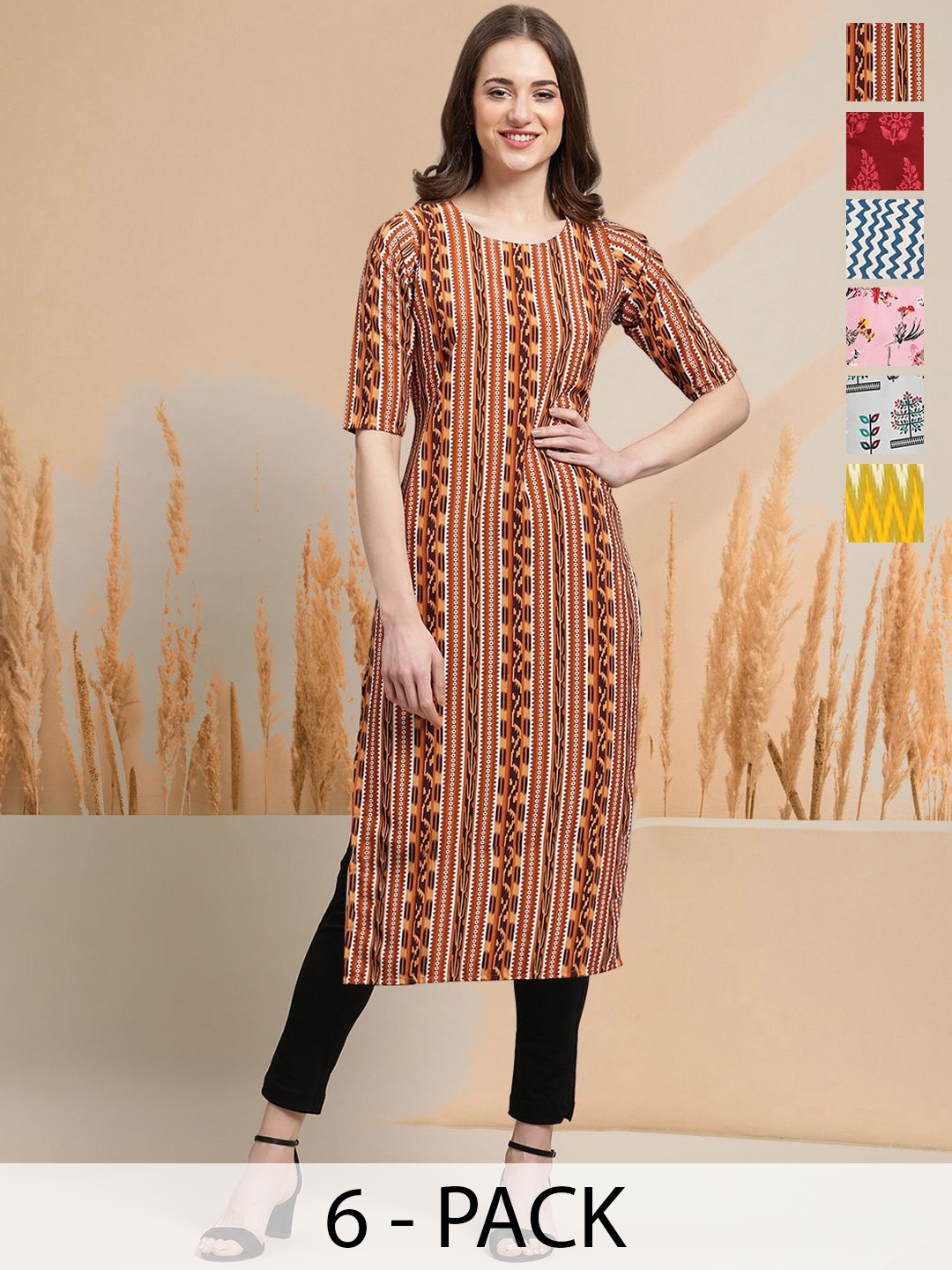 7Threads Selection Of 6 Ethnic Motifs Printed Round Neck Straight Kurtas, Red