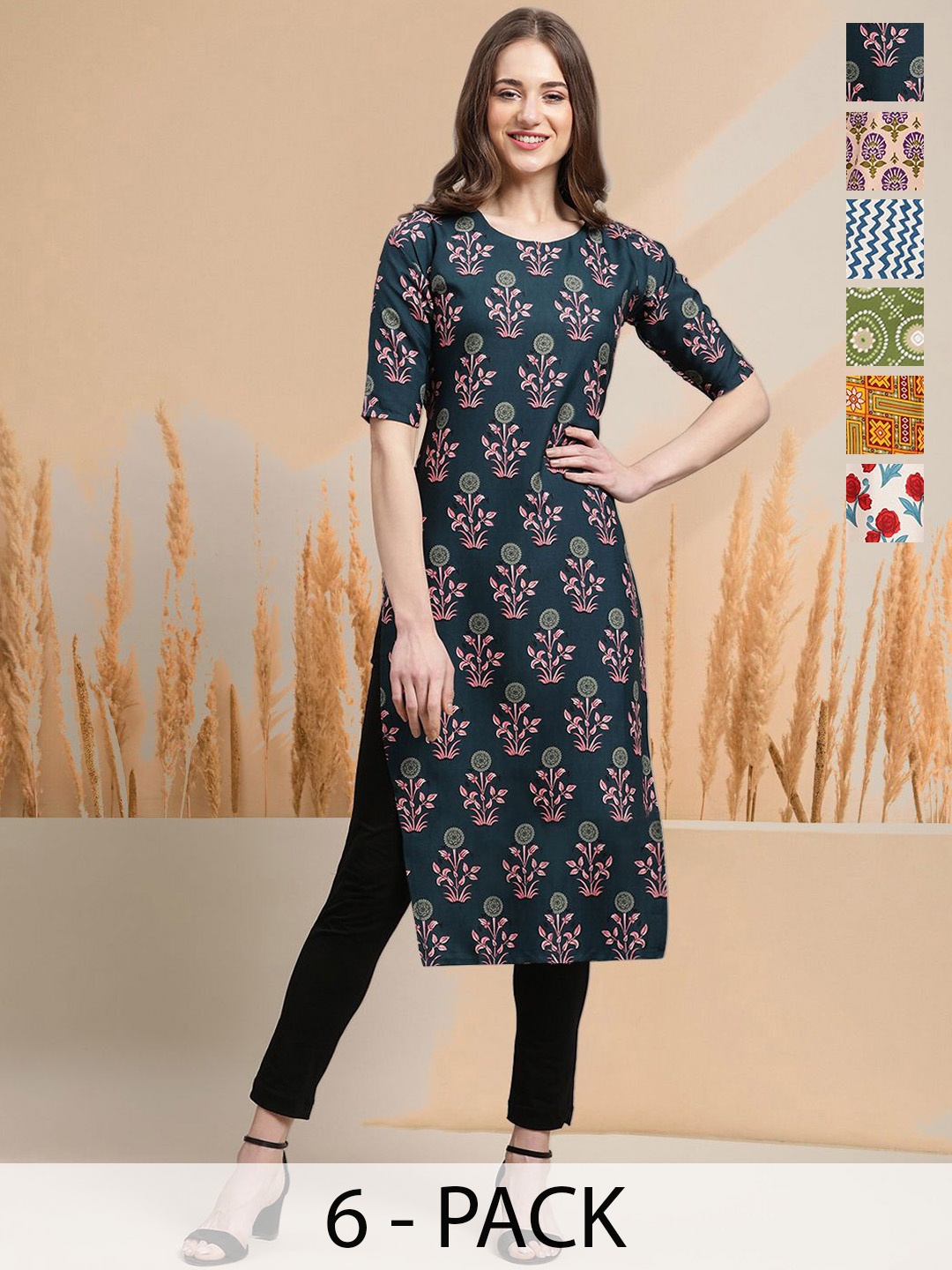 

7Threads Selection Of 6 Floral Printed Round Neck Straight Kurtas, Blue