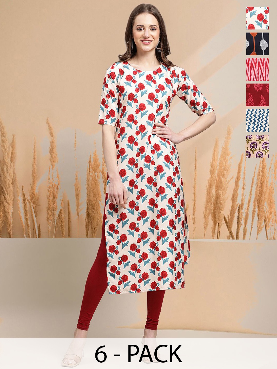 

7Threads Selection Of 6 Floral Printed Round Neck Straight Kurtas, Pink