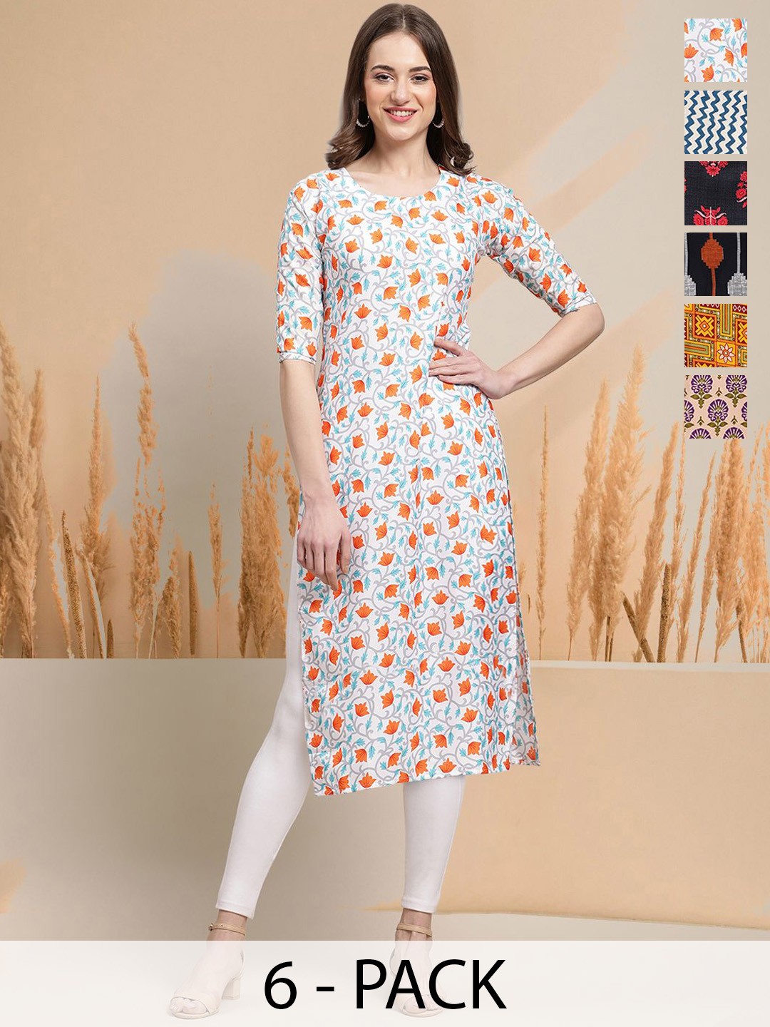 

7Threads Selection Of 6 Floral Printed Round Neck Straight Kurtas, White