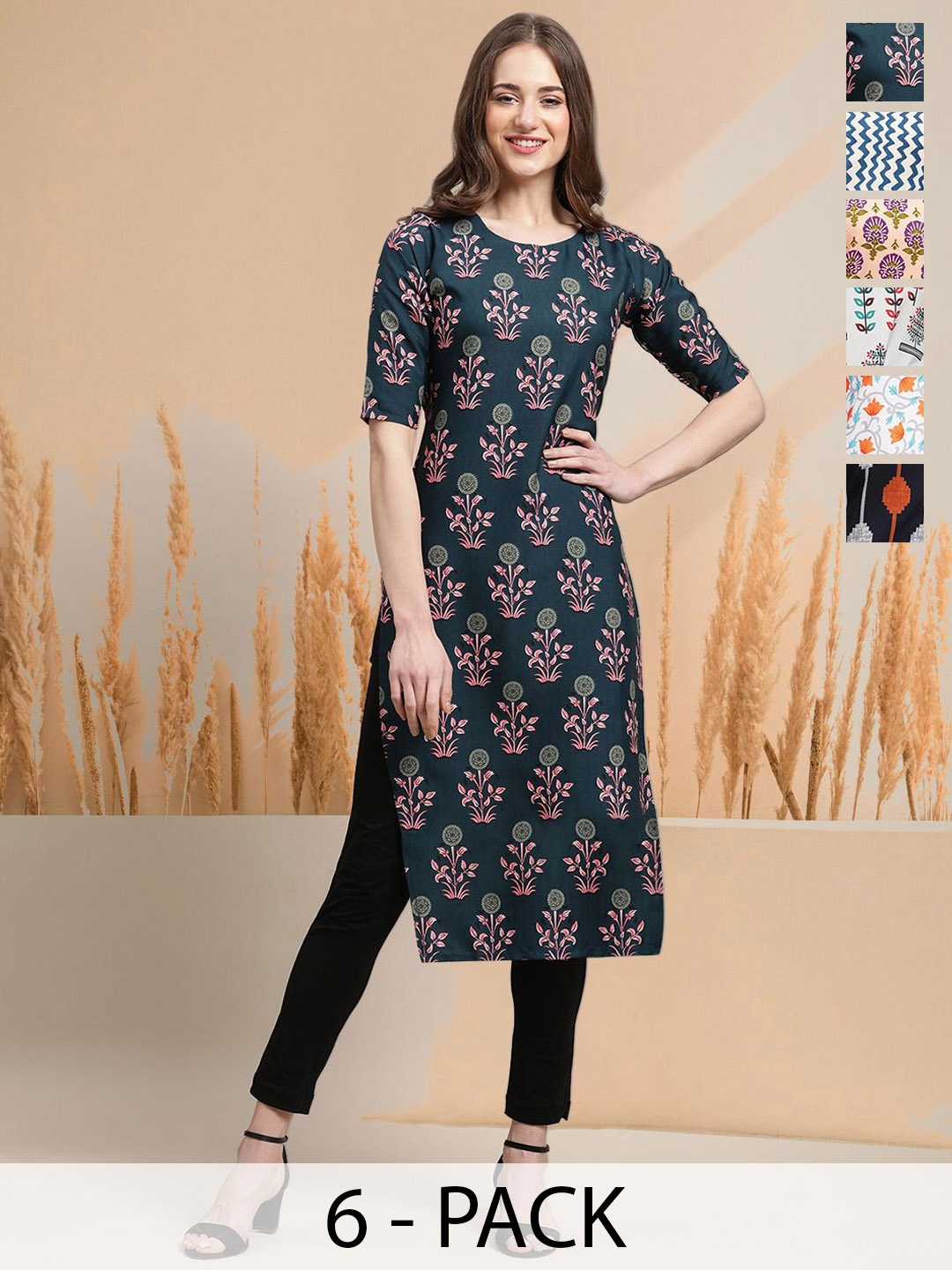 

7Threads Selection Of 6 Floral Printed Round Neck Straight Kurtas, Blue