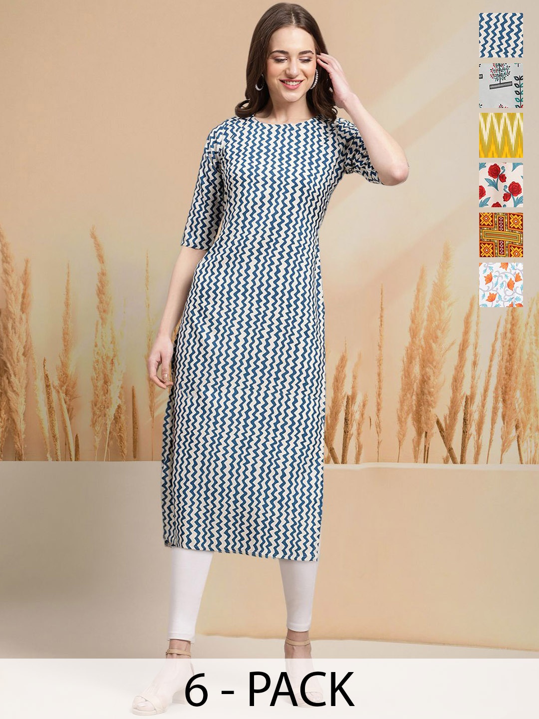 

7Threads Selection Of 6 Chevron Printed Round Neck Straight Kurtas, Blue