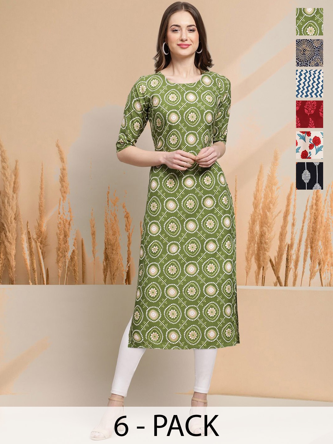 

7Threads Selection Of 6 Geometric Printed Round Neck Straight Kurtas, Green