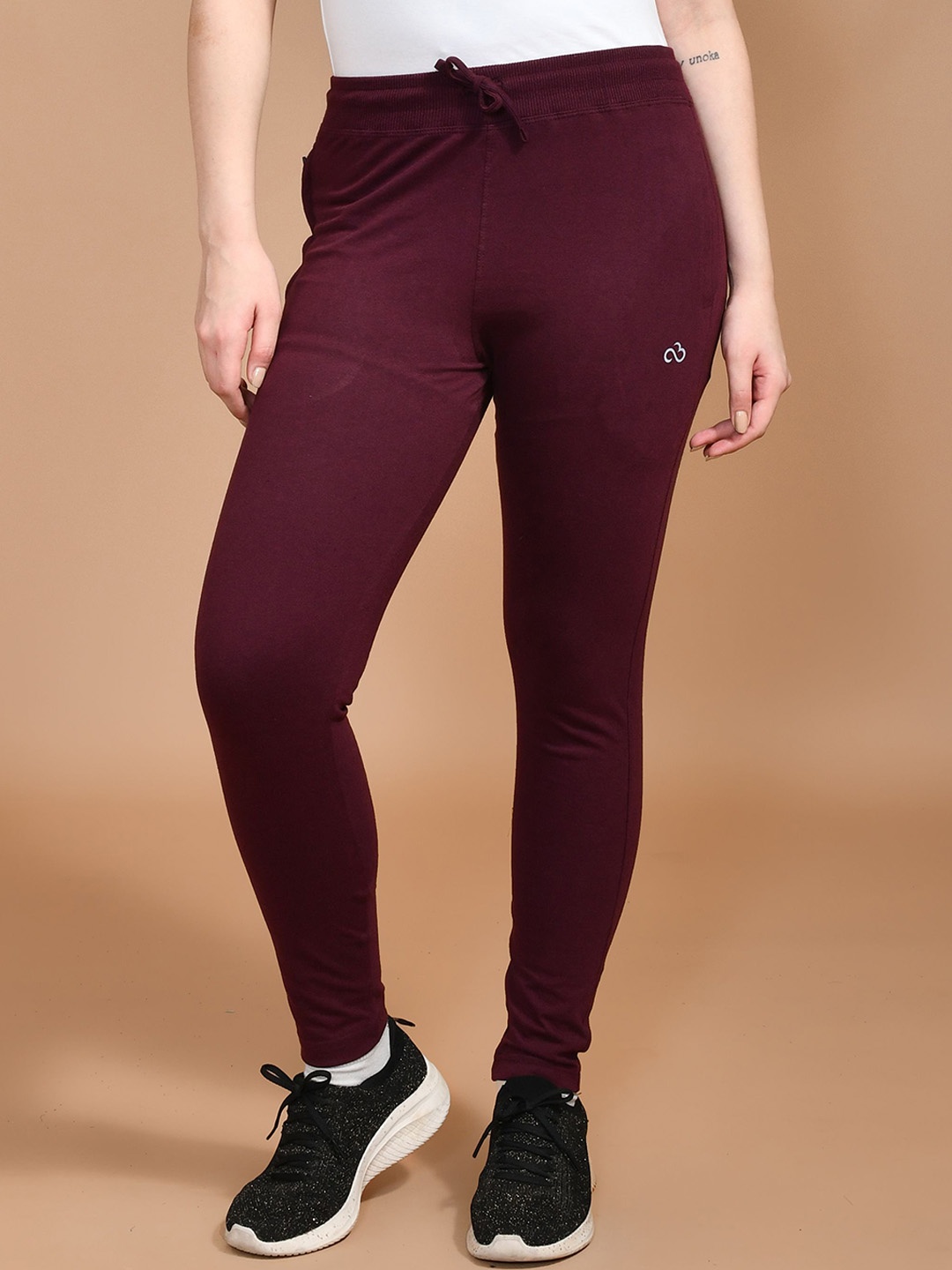 

SKYKNIT Women Slim-Fit Mid Rise Track Pants, Maroon